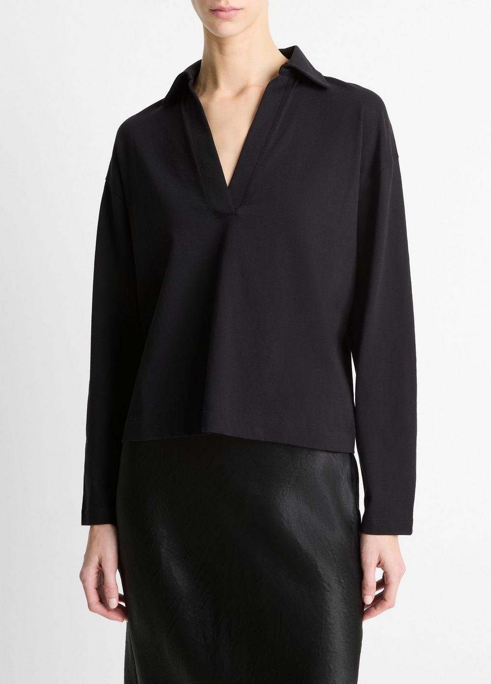 Women's Easy Pima Cotton Long-Sleeve Polo Shirt, Black, Size XL Vince