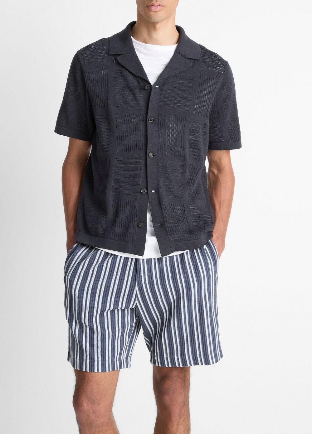 Men's Patchwork Pointelle Short-Sleeve Shirt, Light Coastal Blue, Size S Vince