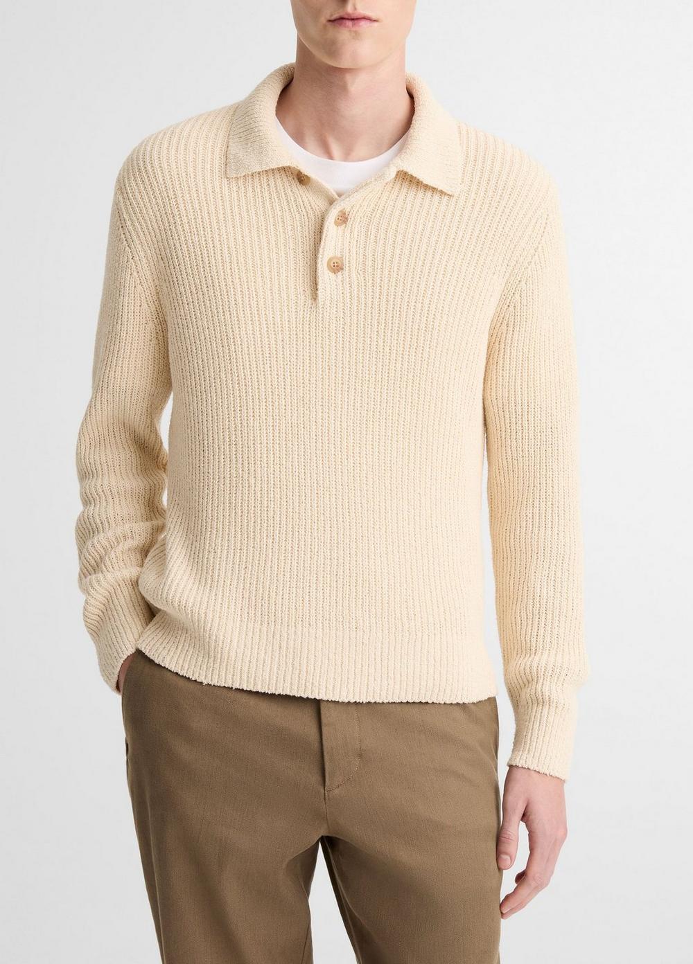 Men's Shaker Italian Cotton-Blend Polo Sweater, Bone, Size L Vince