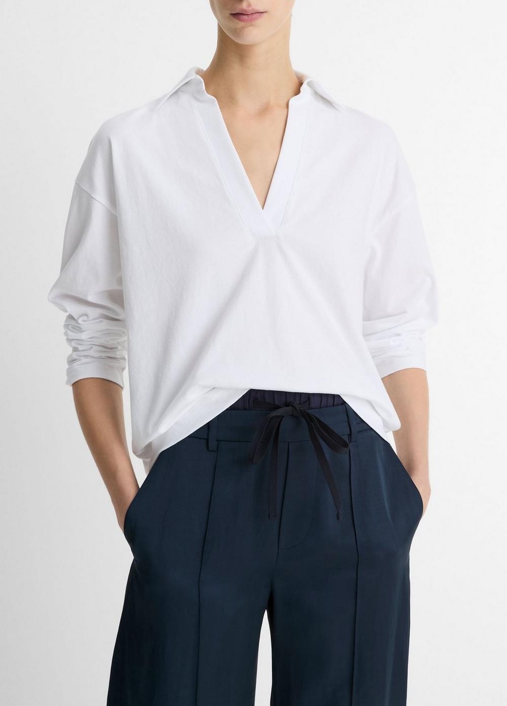 Women's Easy Pima Cotton Long-Sleeve Polo Shirt, Optic White, Size S Vince