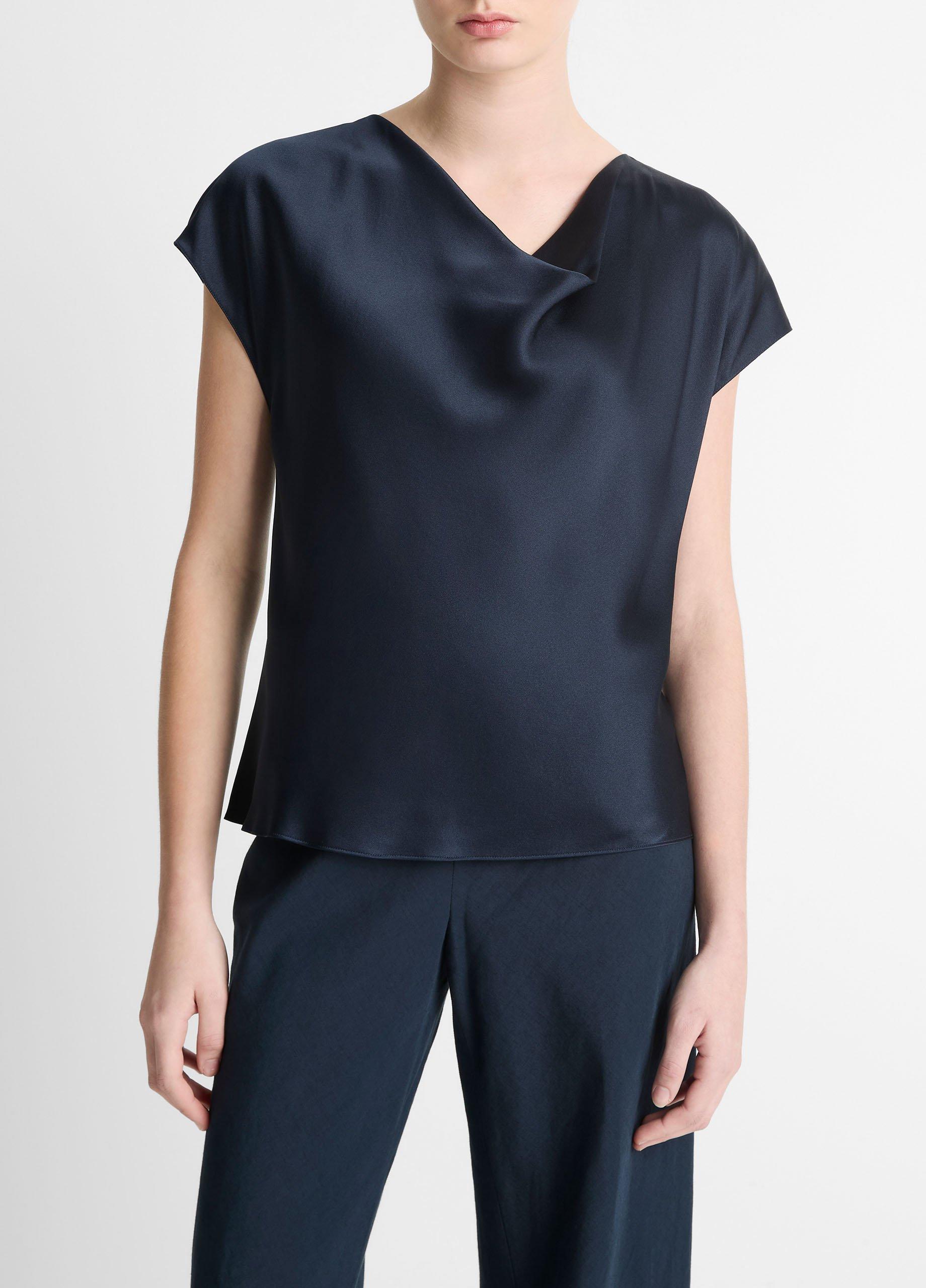 Women's Silk Cowl-Neck Blouse, Coastal Blue, Size S Vince