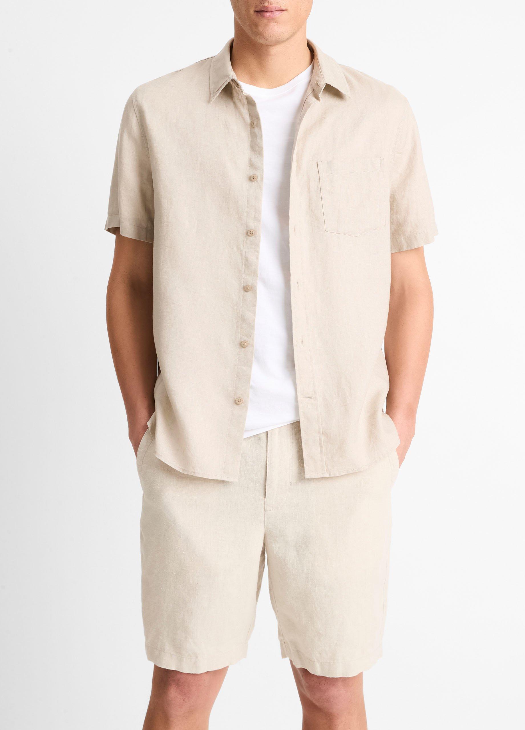 Men's Linen Short-Sleeve Shirt, Pumice Rock, Size XL Vince