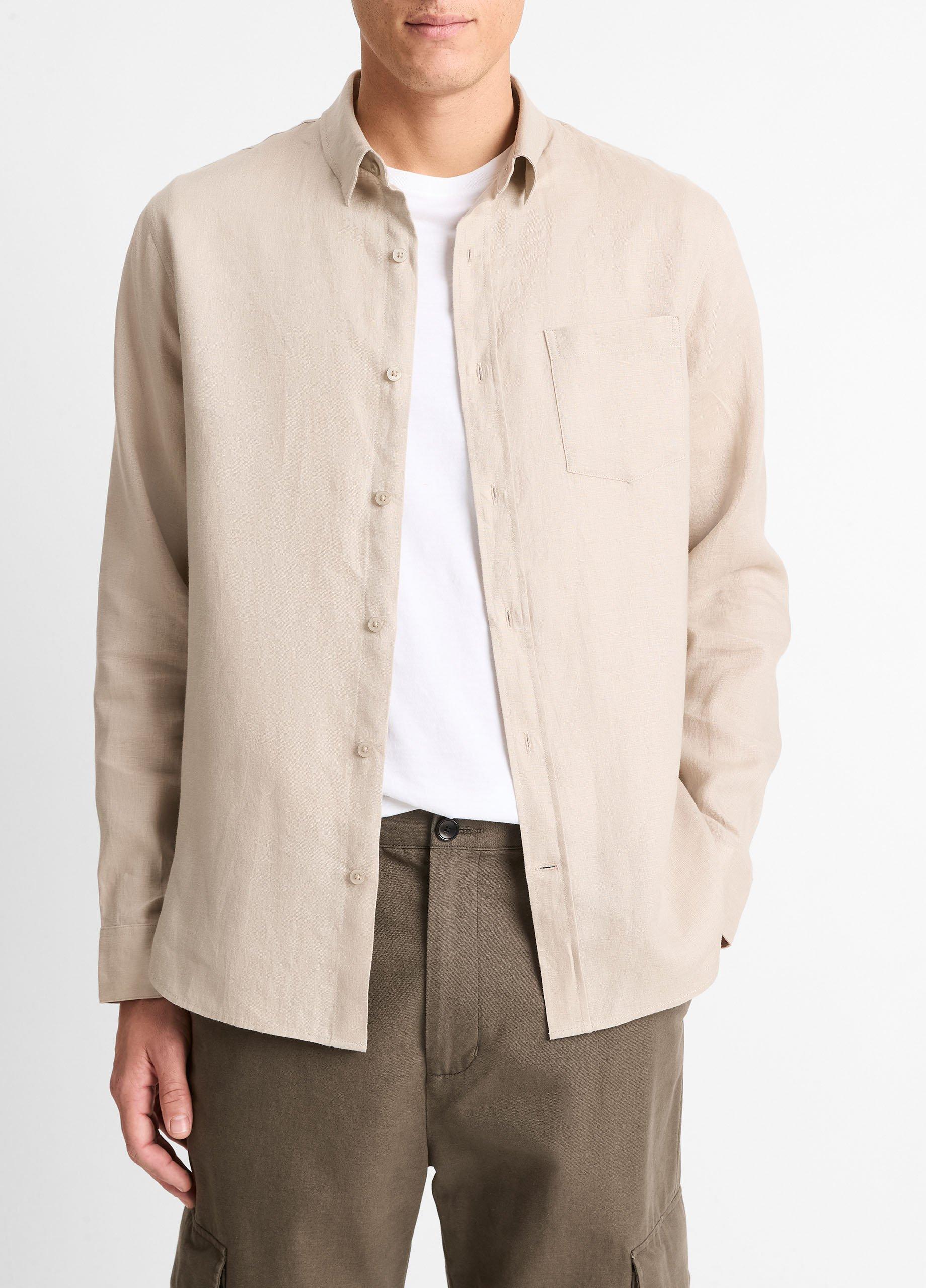 Men's Linen Long-Sleeve Shirt, Pumice Rock, Size S Vince