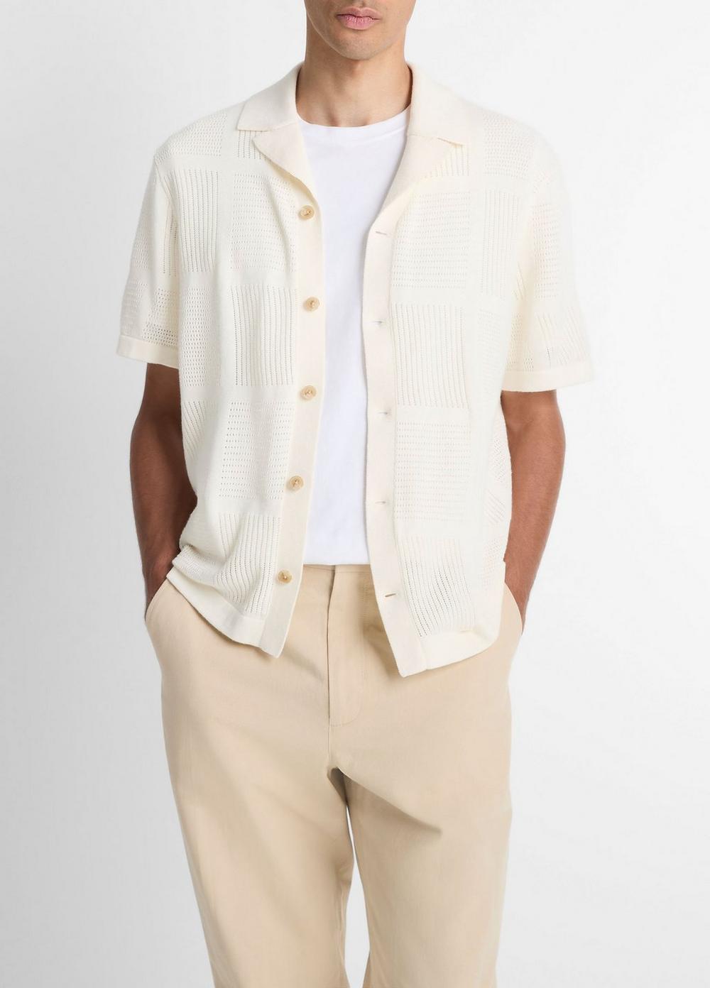 Men's Patchwork Pointelle Short-Sleeve Shirt, Classic Cream, Size XS Vince