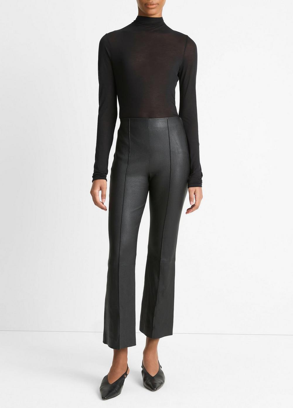 Women's Stretch-Leather Crop Flare Pant, Black, Size L Vince