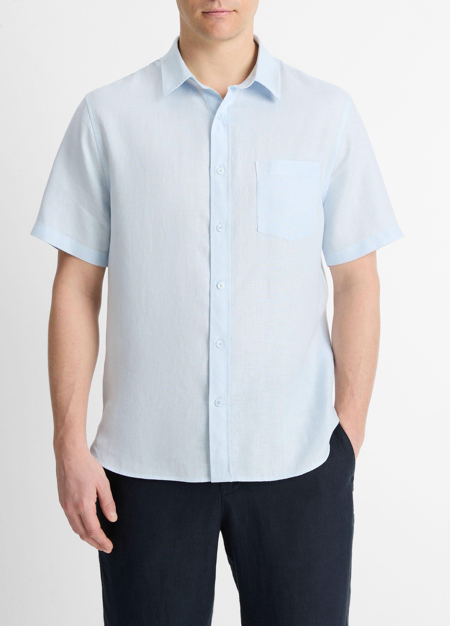 Men's Linen Short-Sleeve Shirt, Glacier, Size M Vince