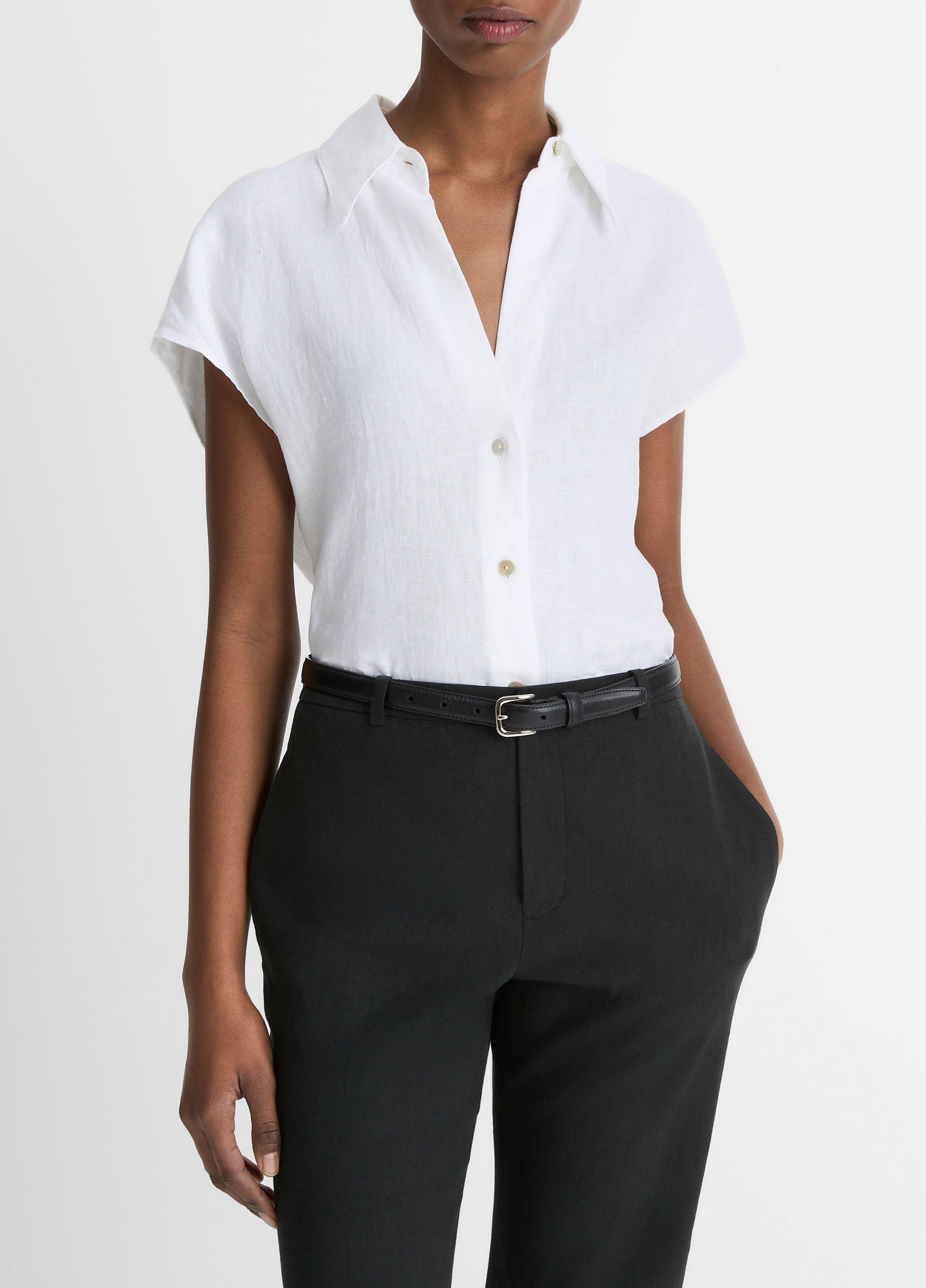 Women's Linen Cap-Sleeve Button-Front Blouse, Optic White, Size M Vince by Vince