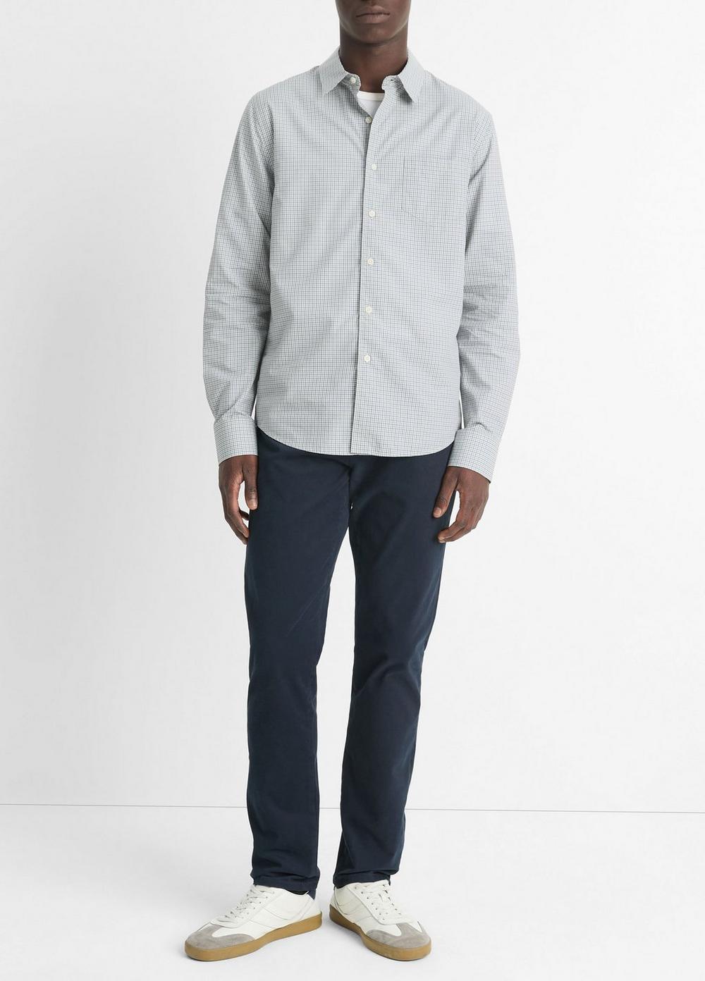 Men's Whitney Plaid Cotton-Blend Long-Sleeve Shirt, Pebble White/blue Spruce, Size XS Vince