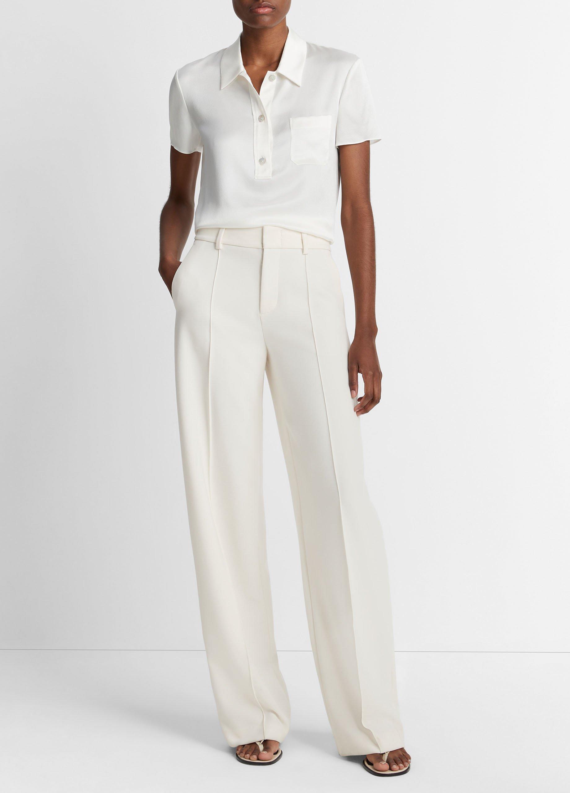 Women's Silk Short-Sleeve Polo Shirt, Off White, Size XL Vince