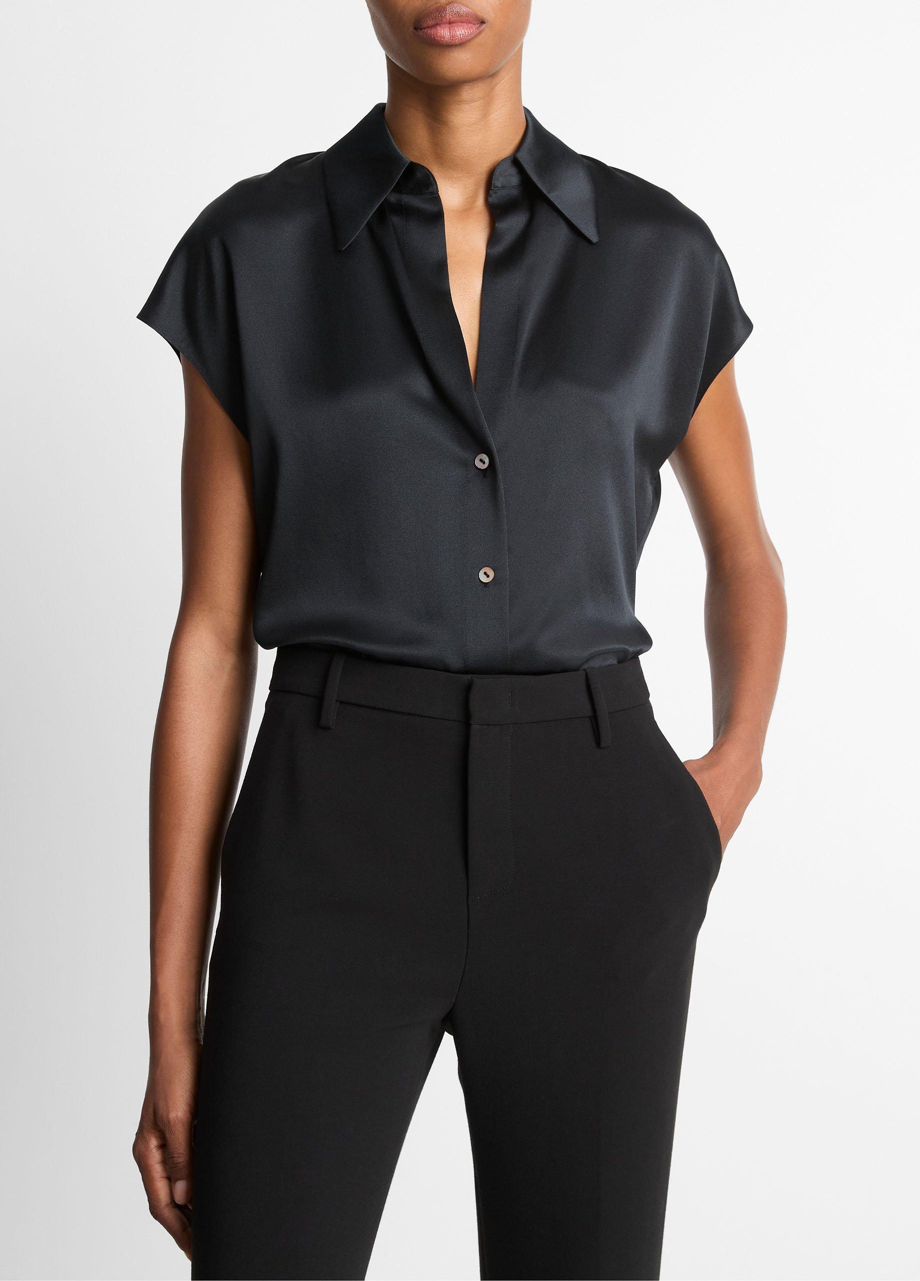 Women's Silk Cap-Sleeve Ruched-Back Blouse, Black, Size XL Vince
