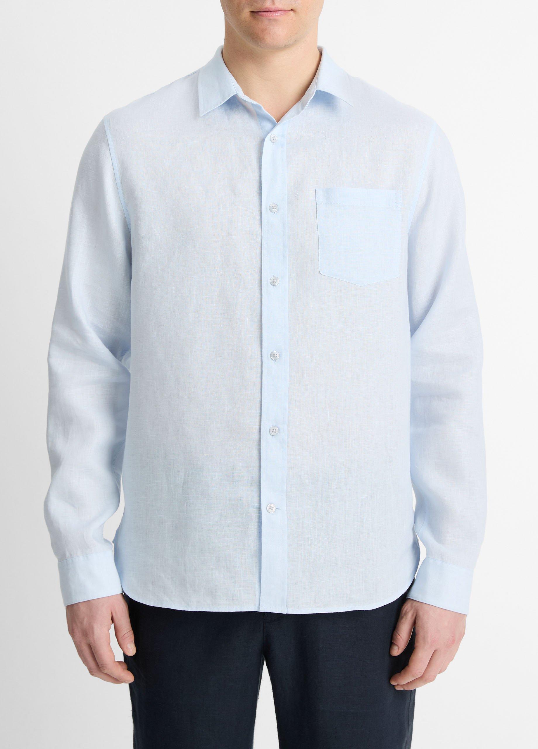 Men's Linen Long-Sleeve Shirt, Glacier, Size L Vince