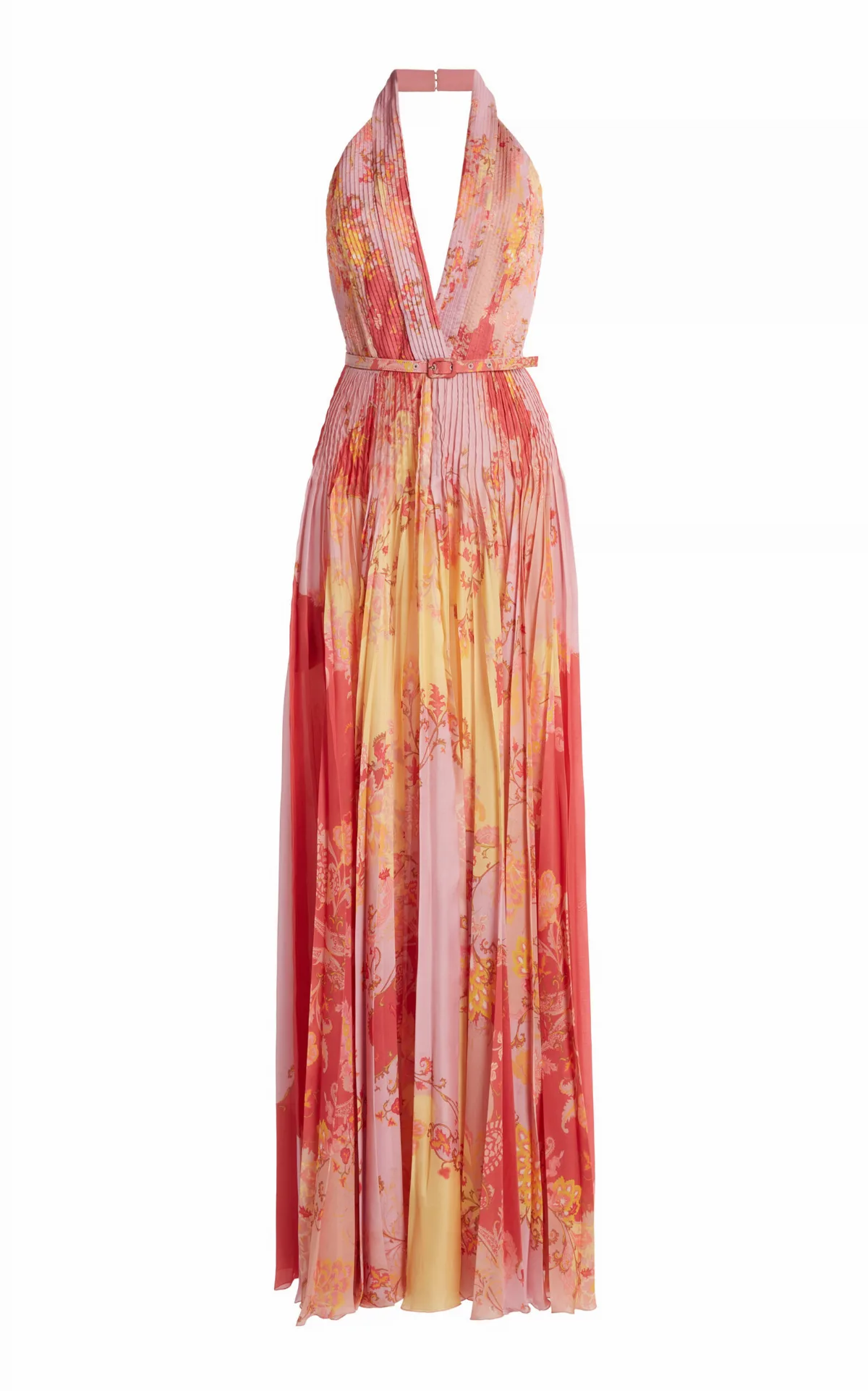 Belted Floral Plisse Maxi Dress