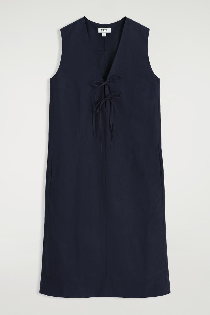 Linen-Blend Tie-Front Midi Dress