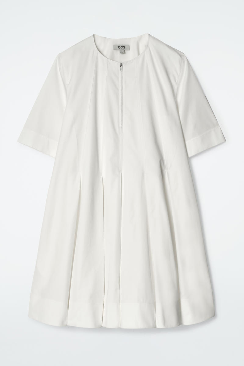 Pleated Zip Up Cotton Mini Dress