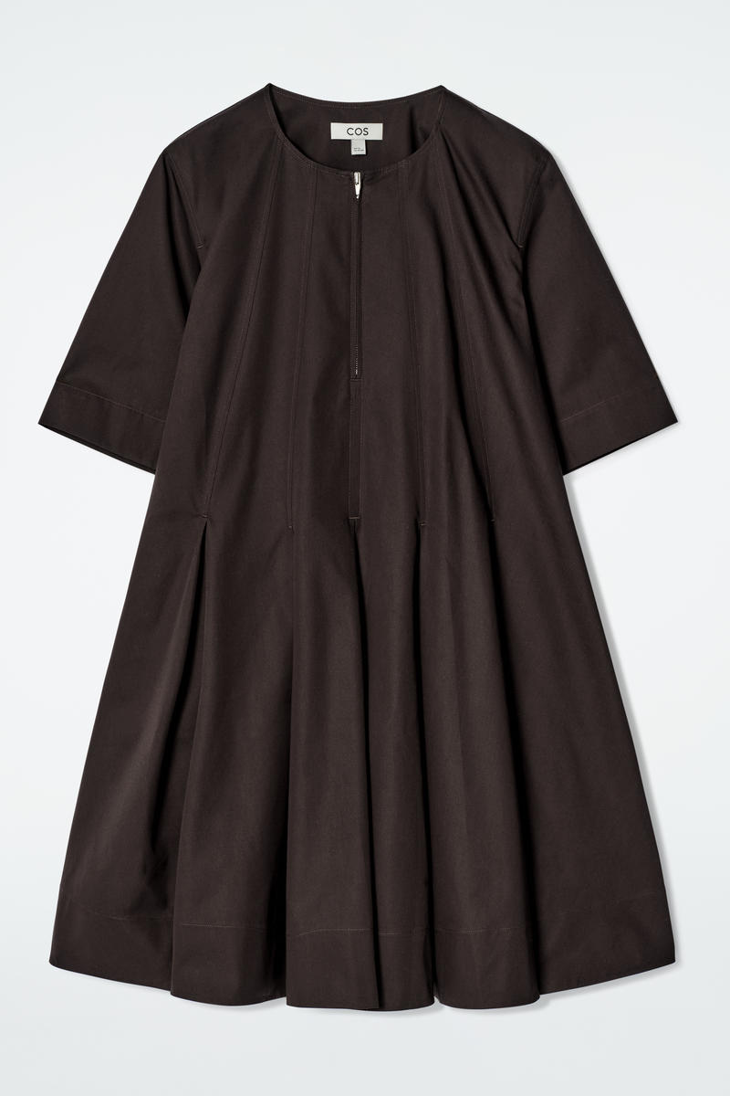Pleated Zip Up Cotton Mini Dress