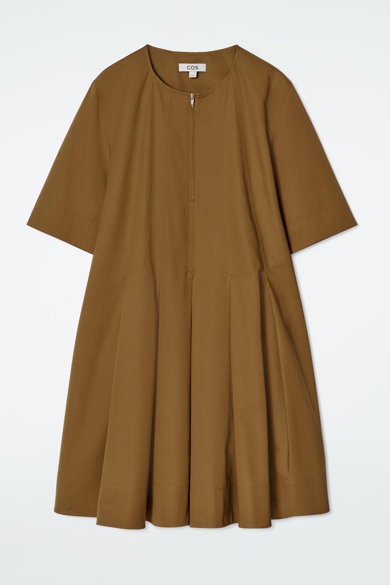Pleated Zip Up Cotton Mini Dress