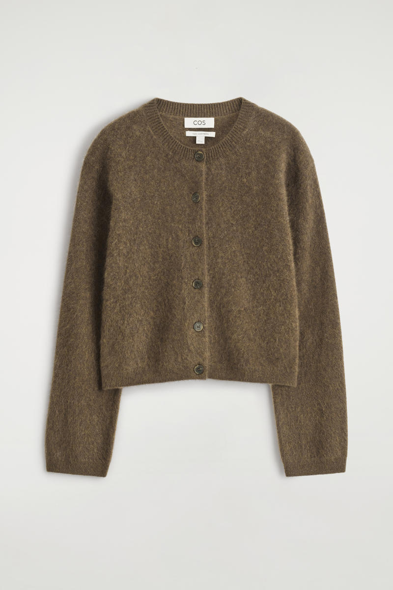 Brushed-Cashmere Crew-Neck Cardigan