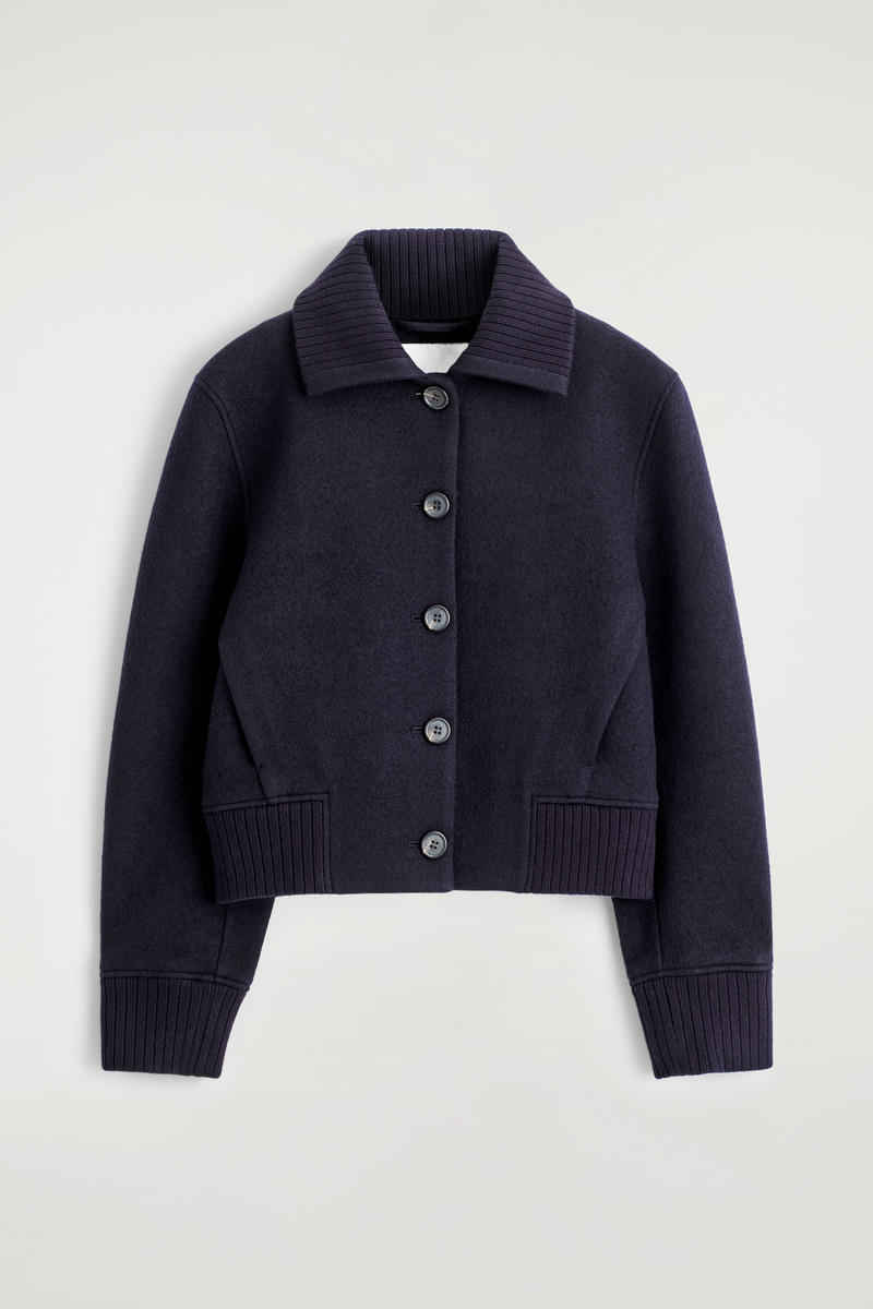 Ribbed-Collar Boiled Merino Wool Jacket