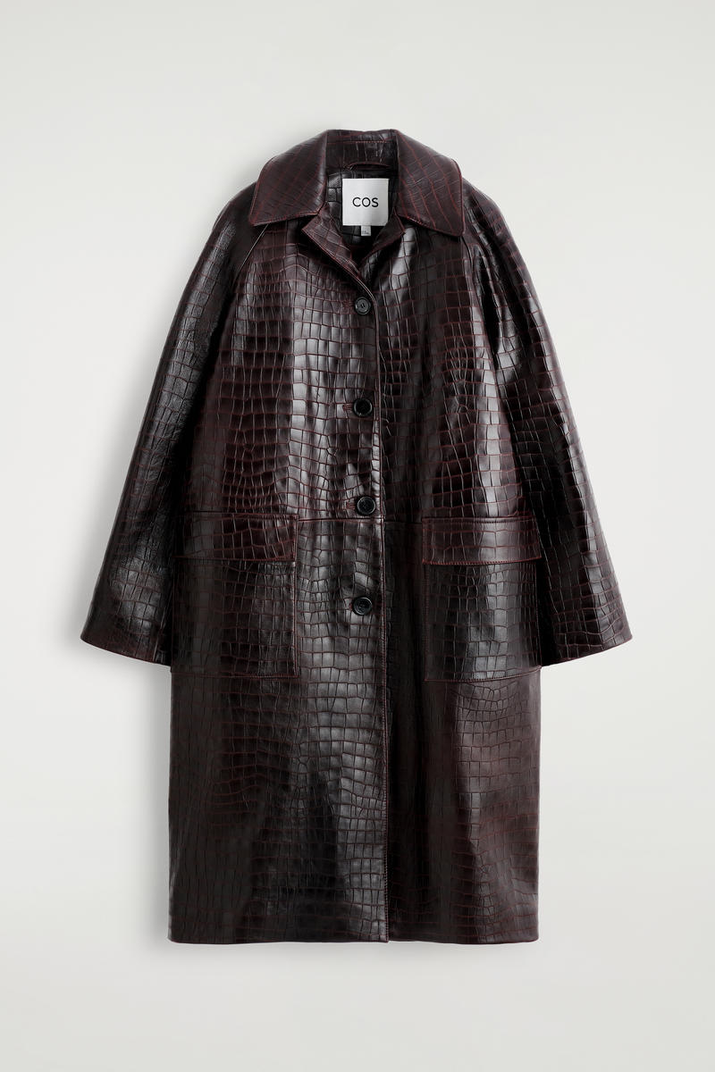 Croc-Embossed Leather Long Coat