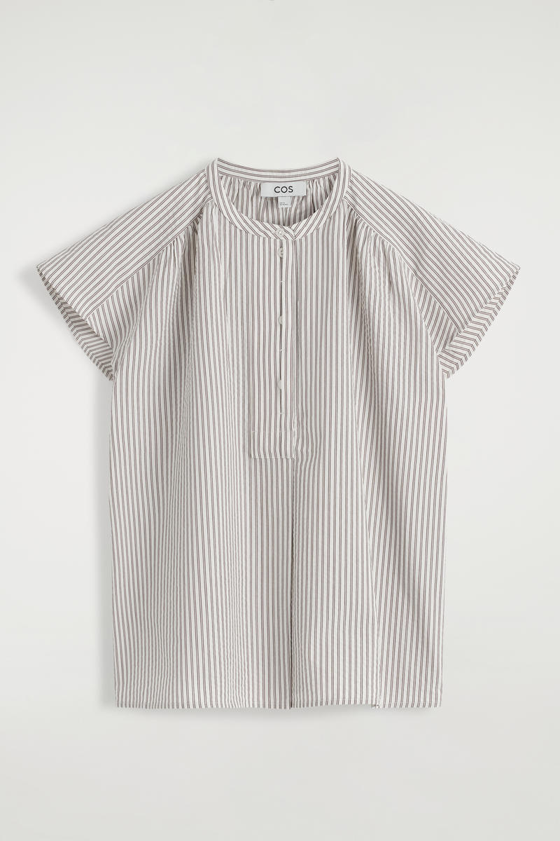 Striped Seersucker Flared-Sleeve Blouse