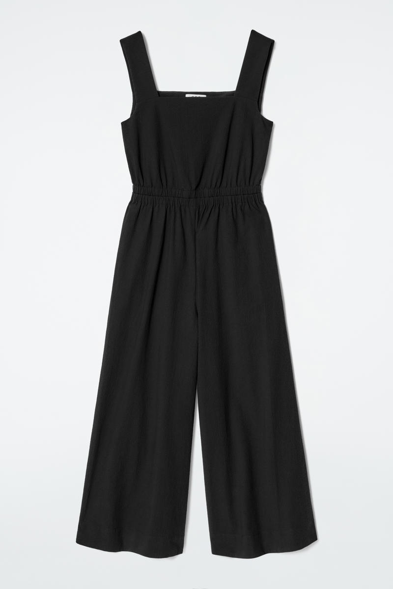 Open-Back Seersucker Wide-Leg Jumpsuit