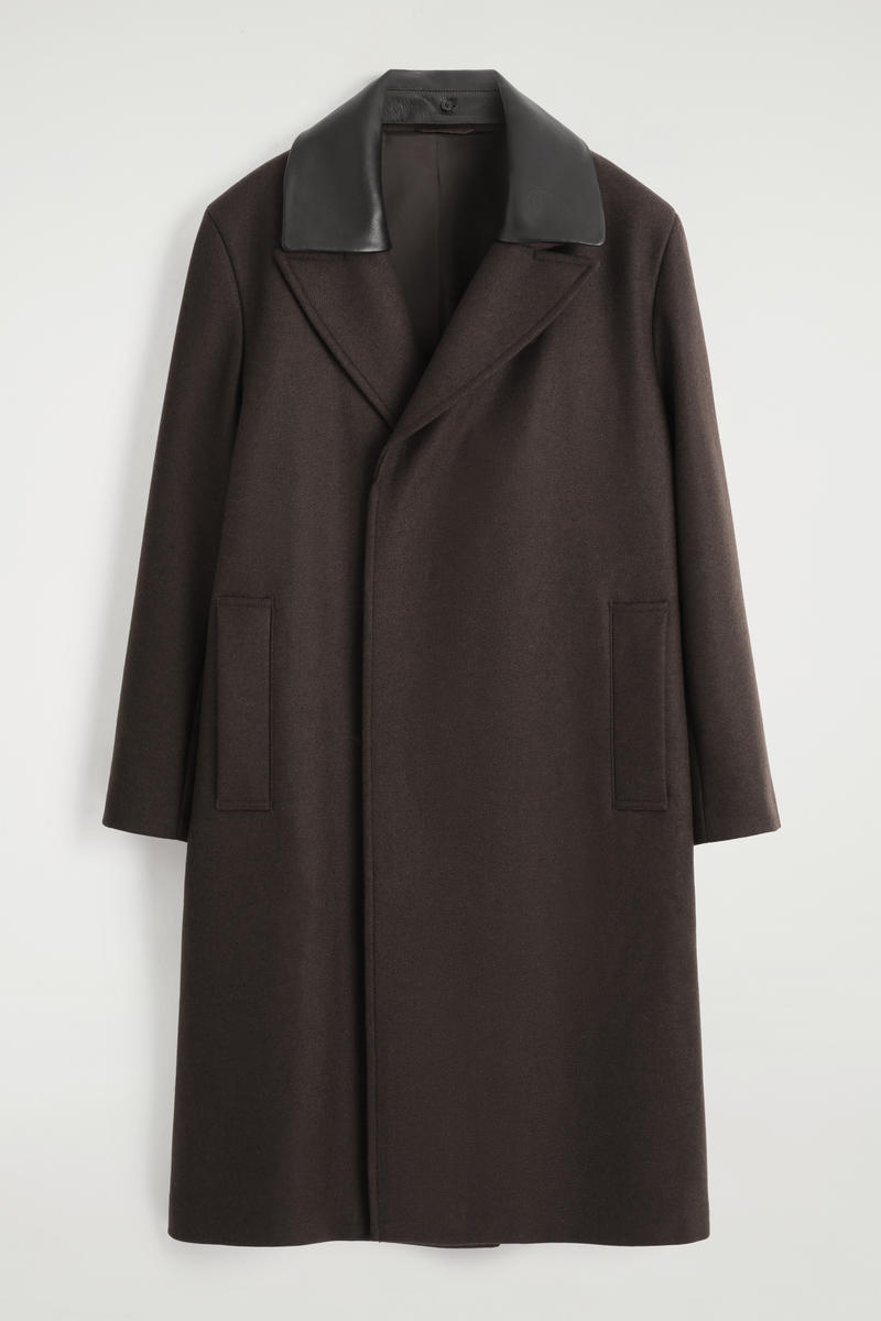 Leather-Collar Wool Long Coat
