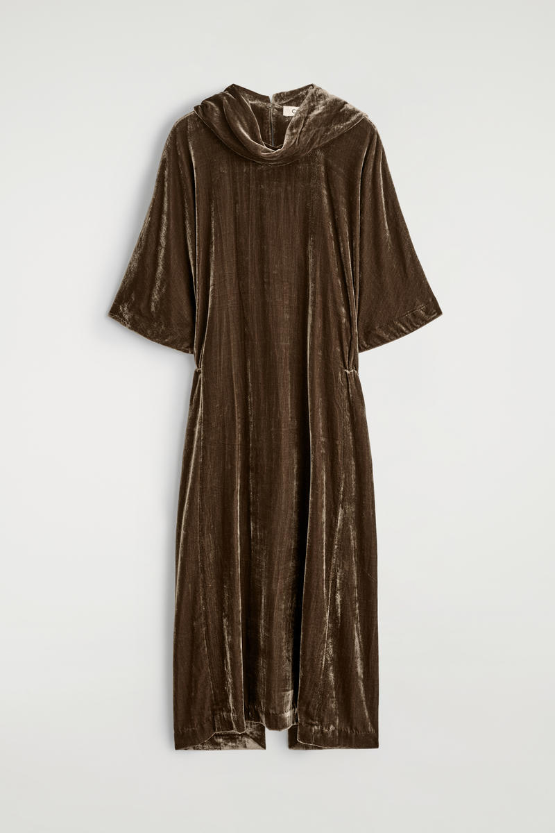 Draped-Neck Velvet Midi Dress