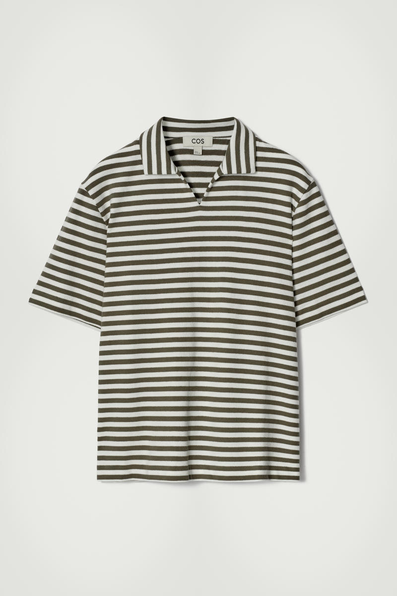 Open-Collar Striped Terry Polo Shirt