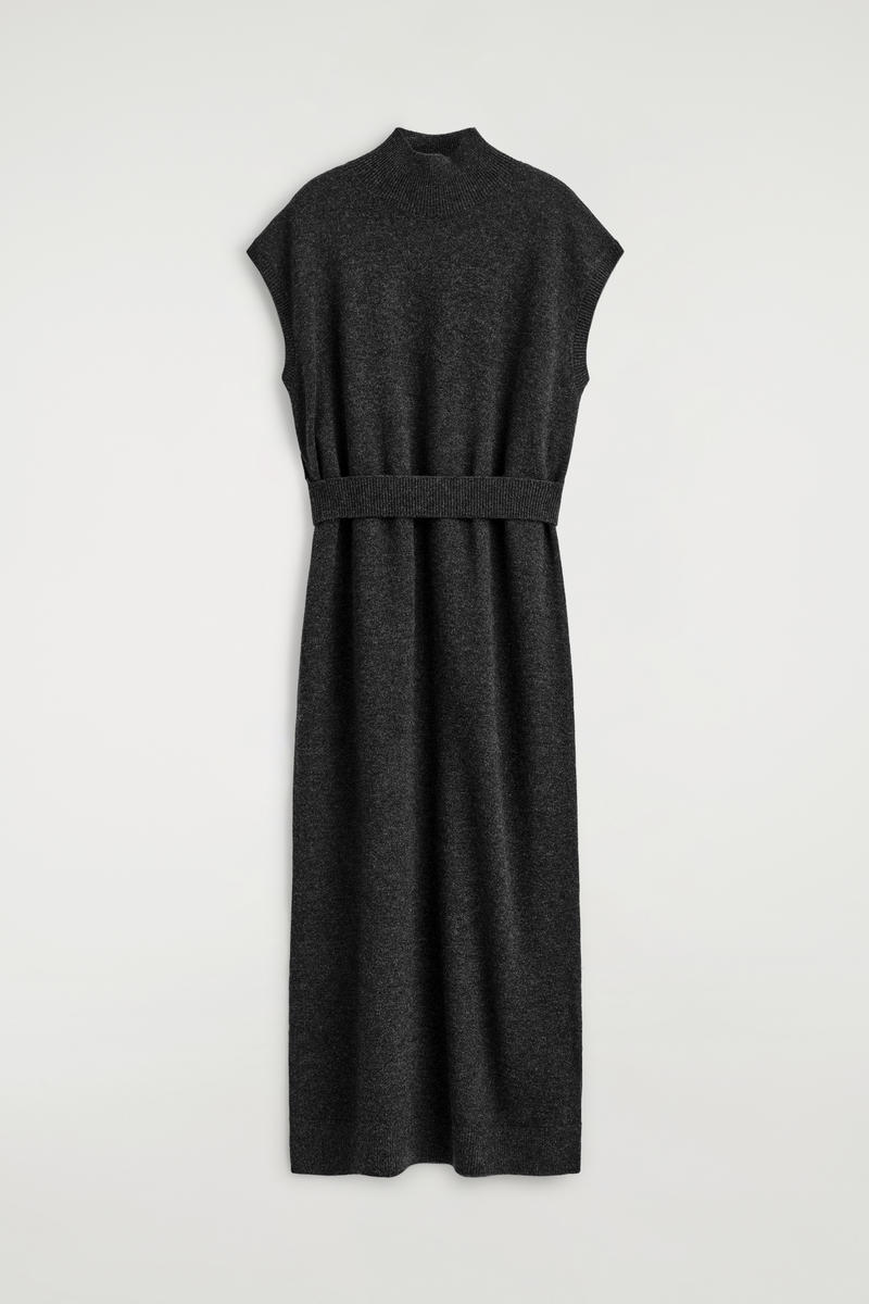 Belt-Detail Merino Wool Mock-Neck Dress