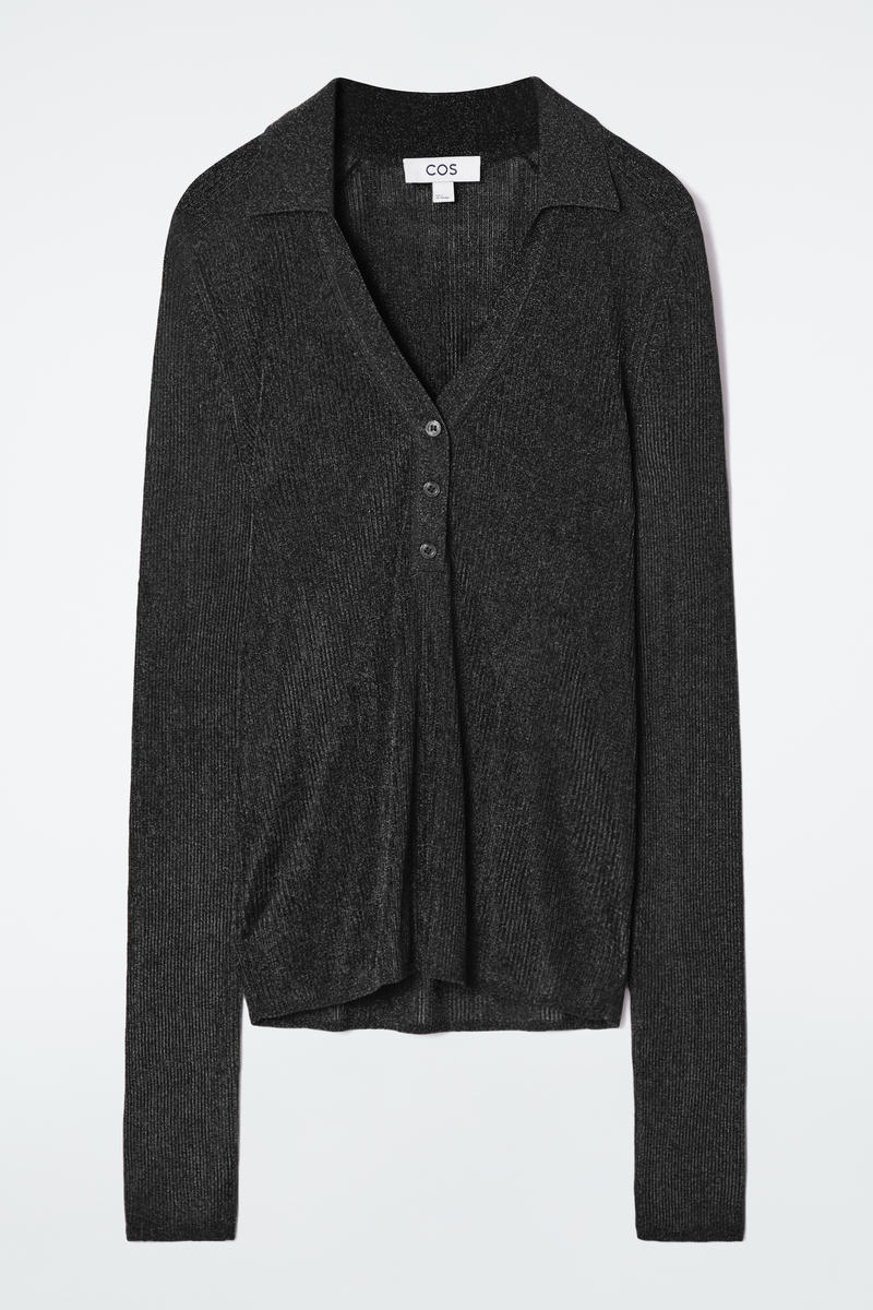 Sparkly Ribbed-Knit Polo Shirt