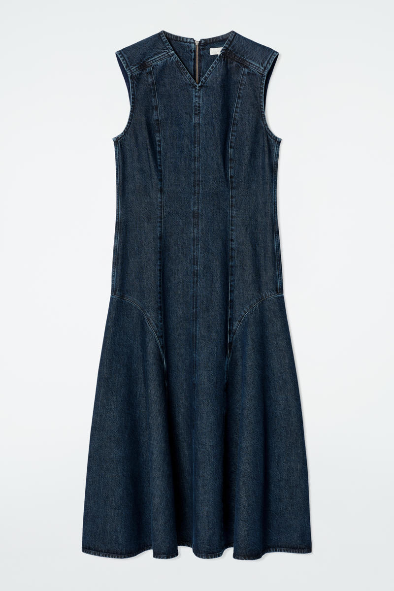 Dropped-Waist Denim Midi Dress