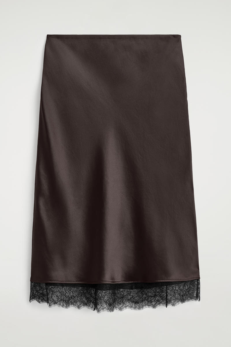 Lace-Trimmed Satin Midi Skirt