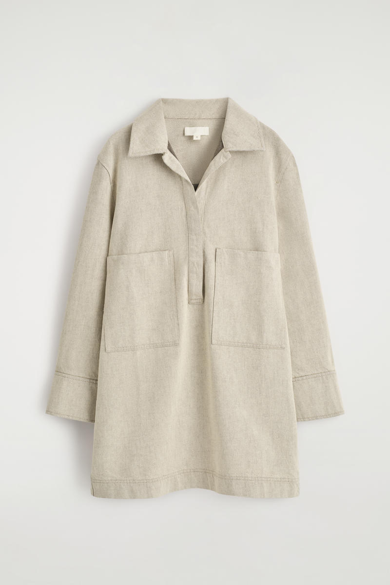 Open-Collar Denim Shirt Dress