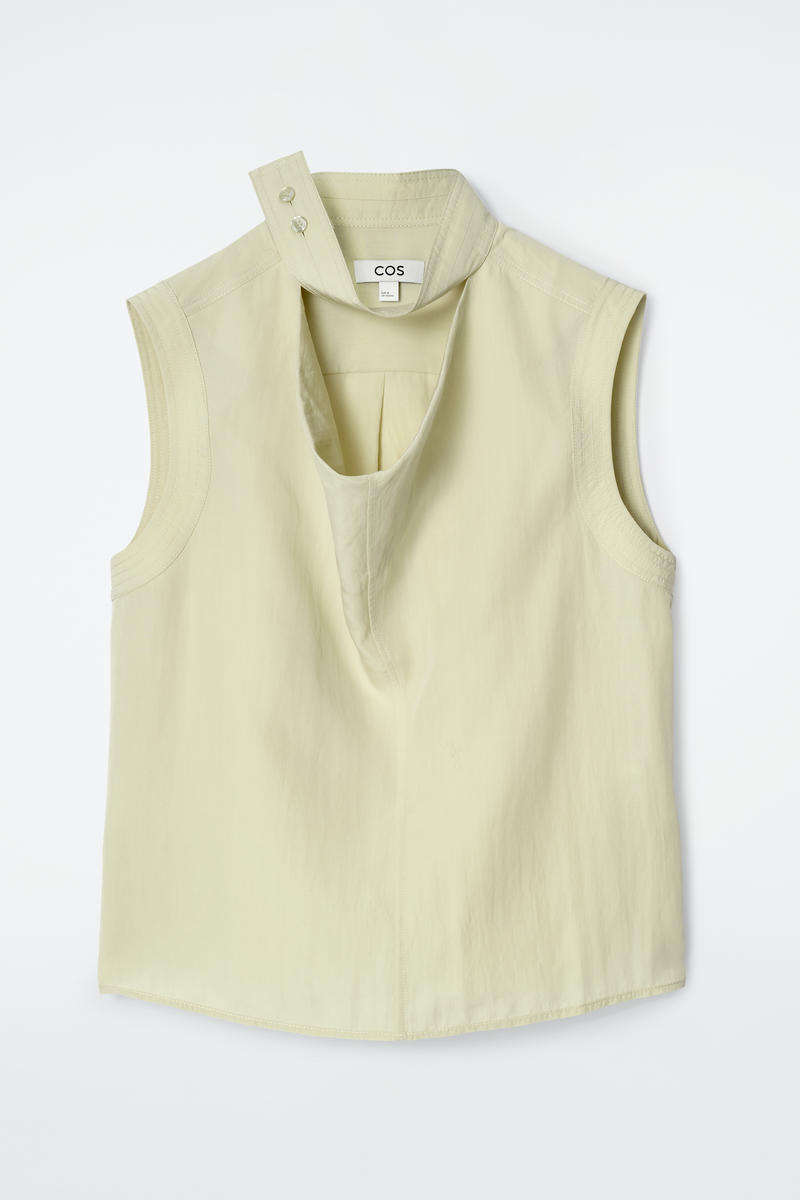 Sleeveless Cut-Out Cowl-Neck Blouse