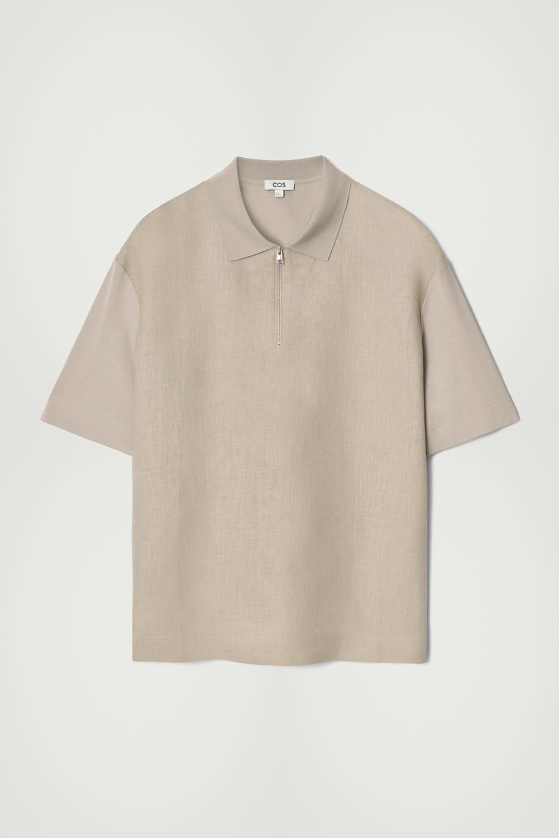 Contrast-Panel Linen Half-Zip Polo Shirt