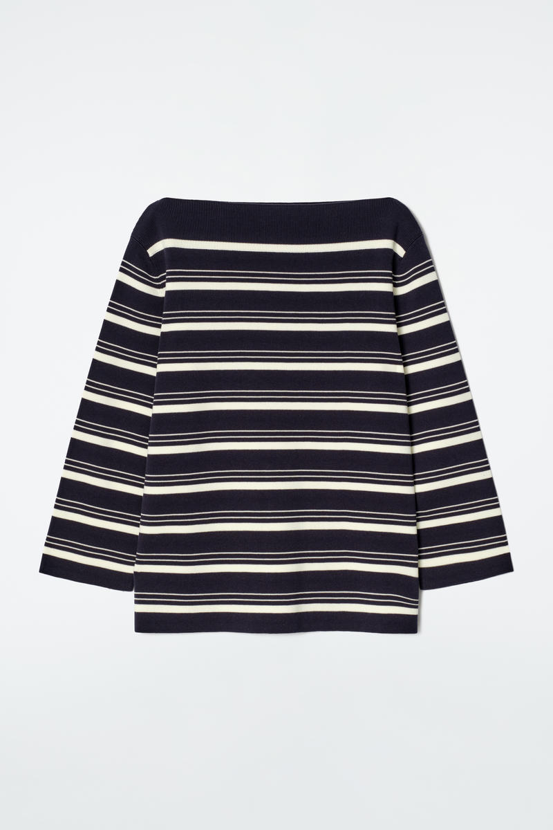 Boat-Neck Striped Cotton Sweater