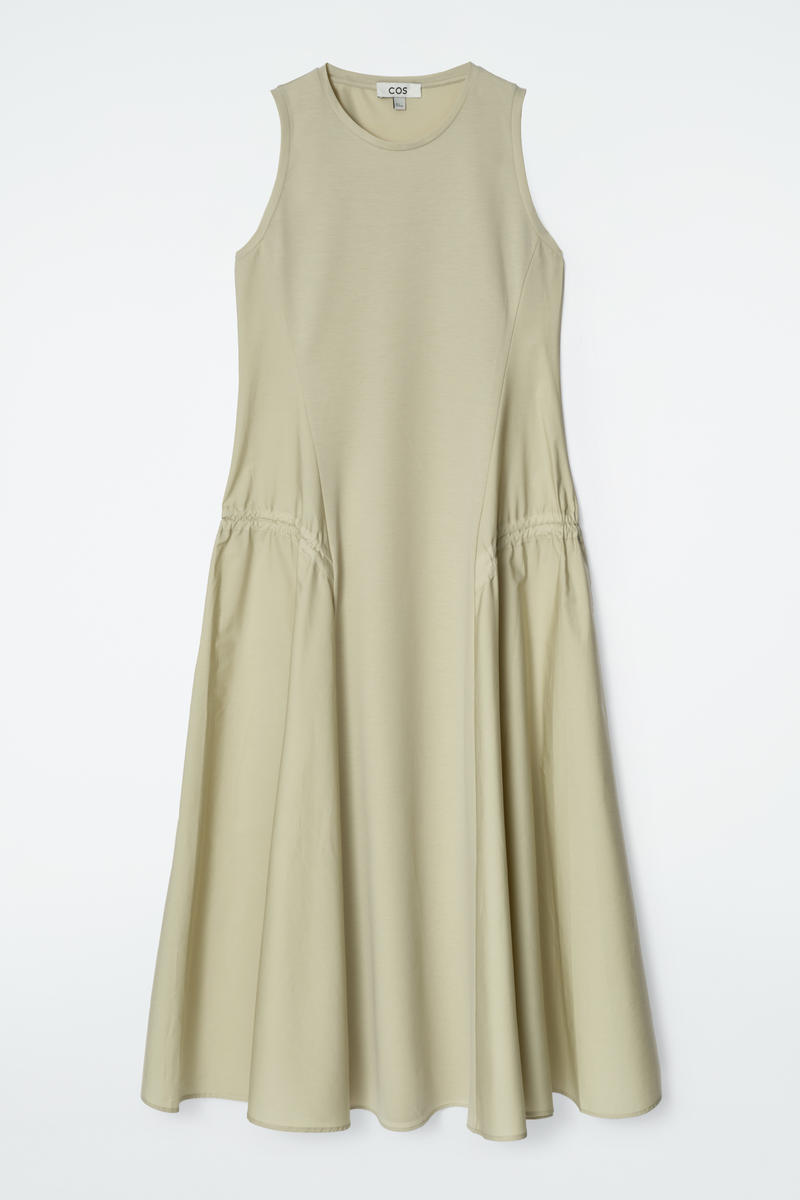 Paneled Gathered-Side Midi Dress
