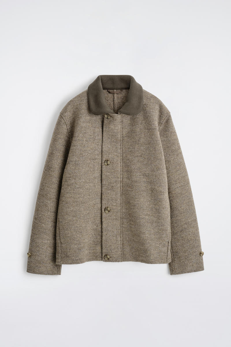 Ribbed-Collar Boiled-Wool Jacket
