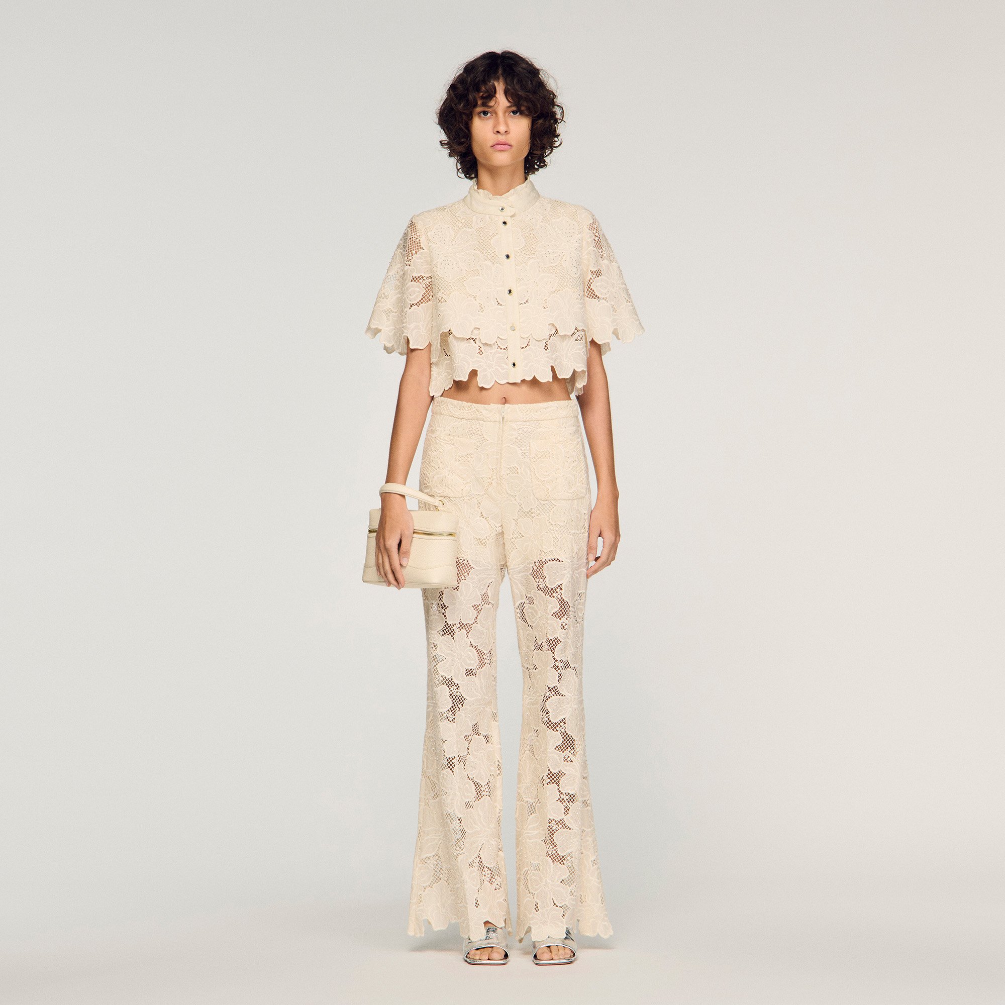 Cropped floral guipure shirt