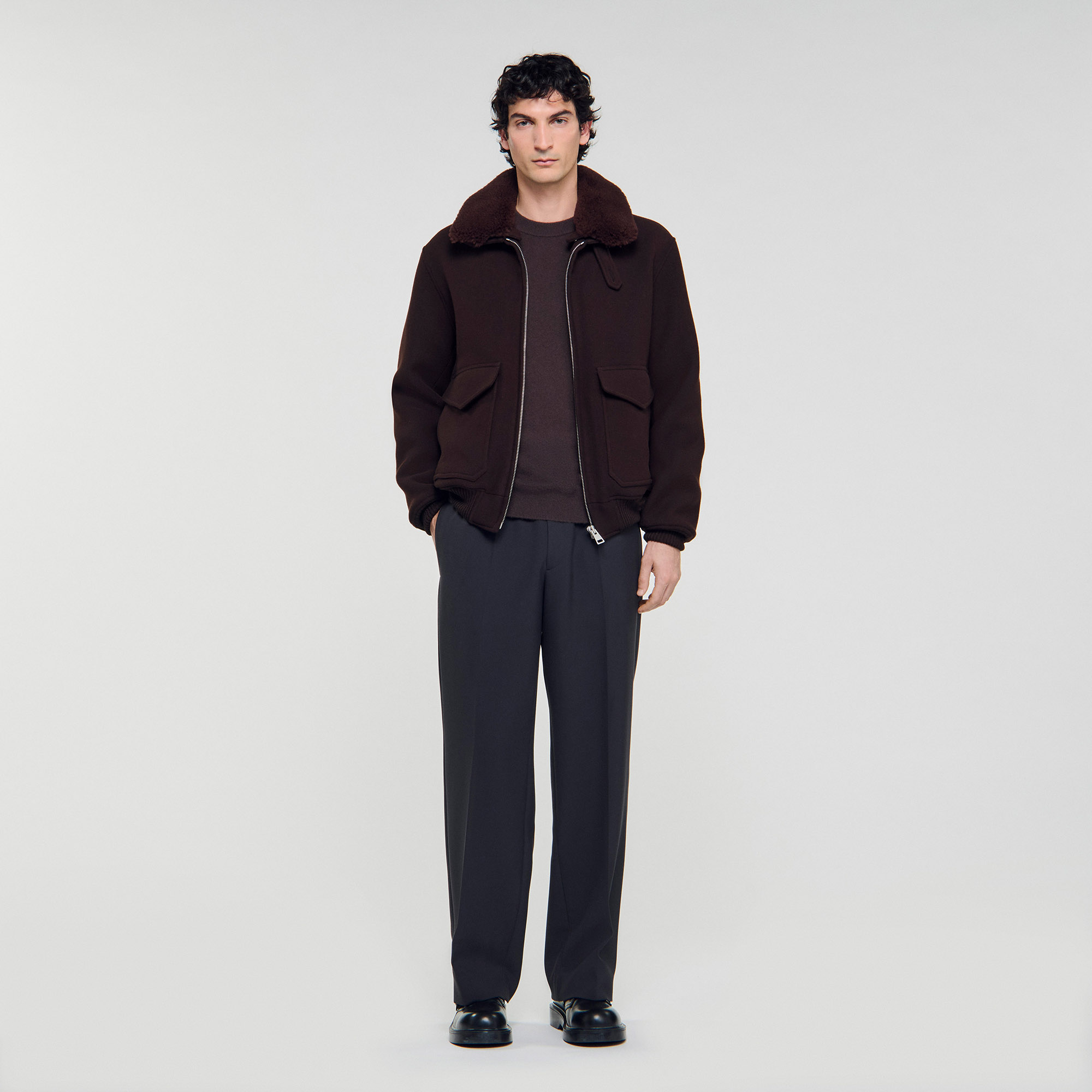 Wool aviator jacket with shearling