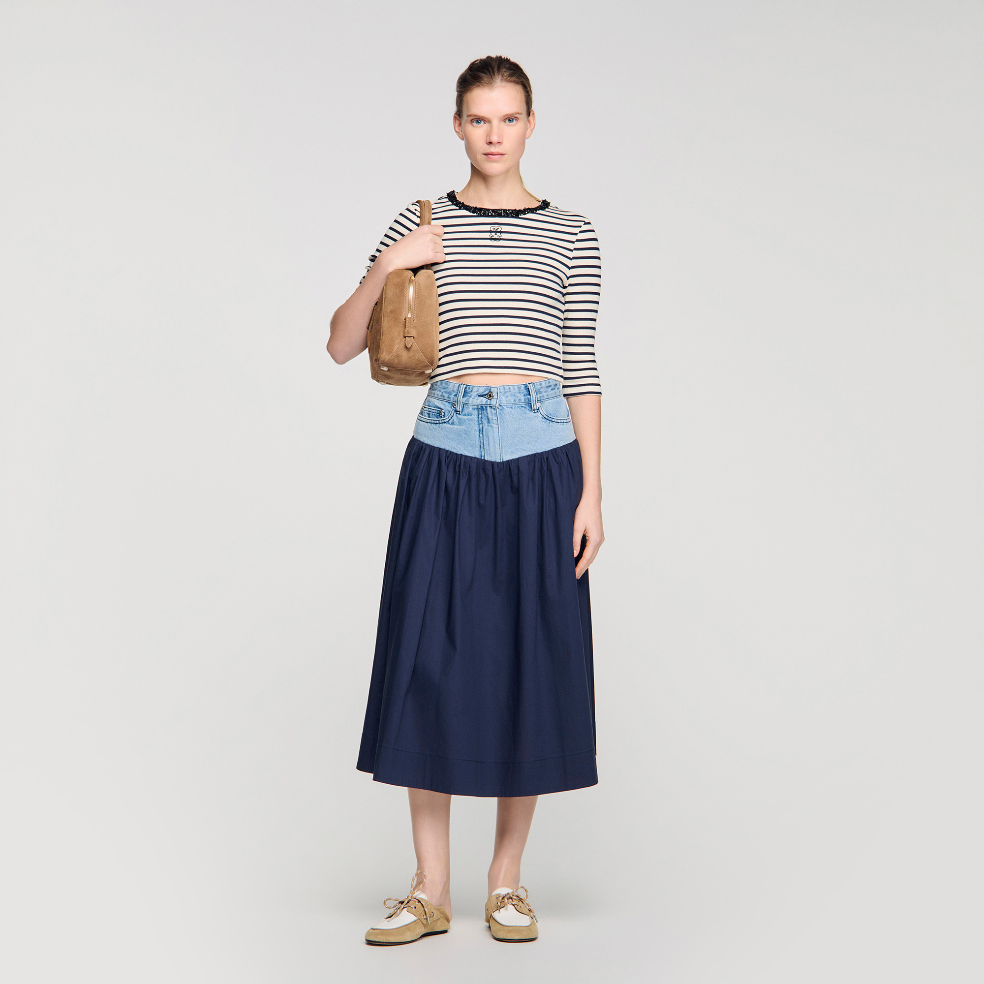 Short striped tee with beaded collar