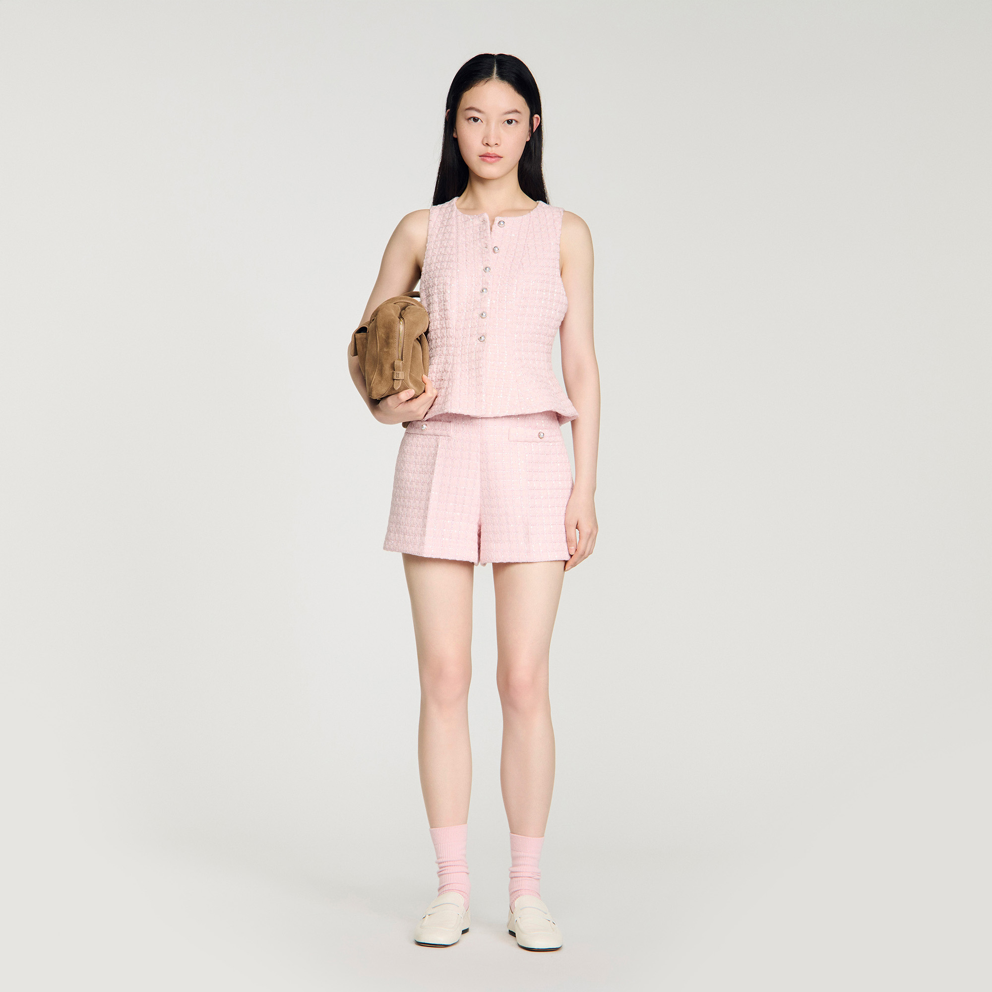 Sequin check tweed shorts