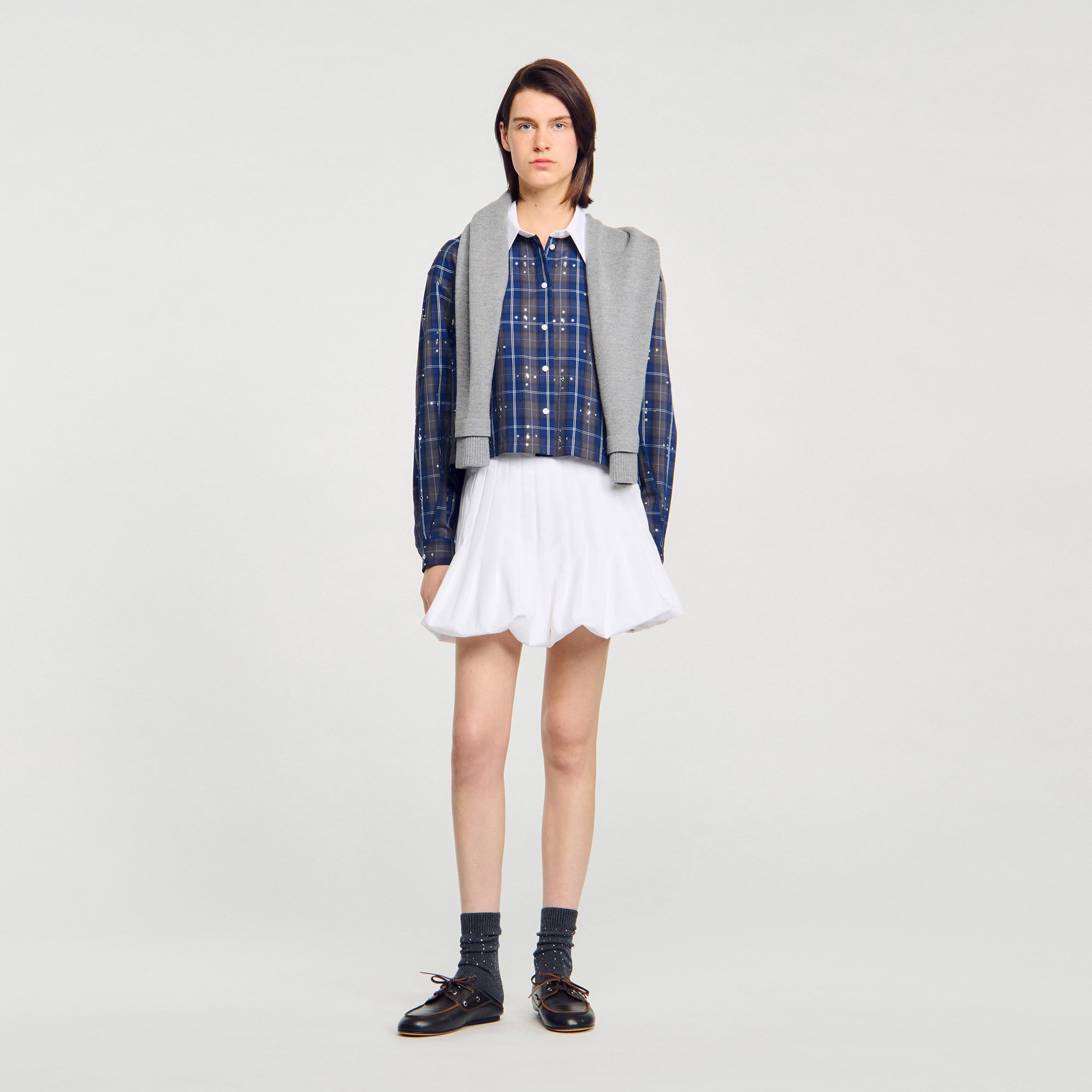 Rhinestone checkered collar shirt
