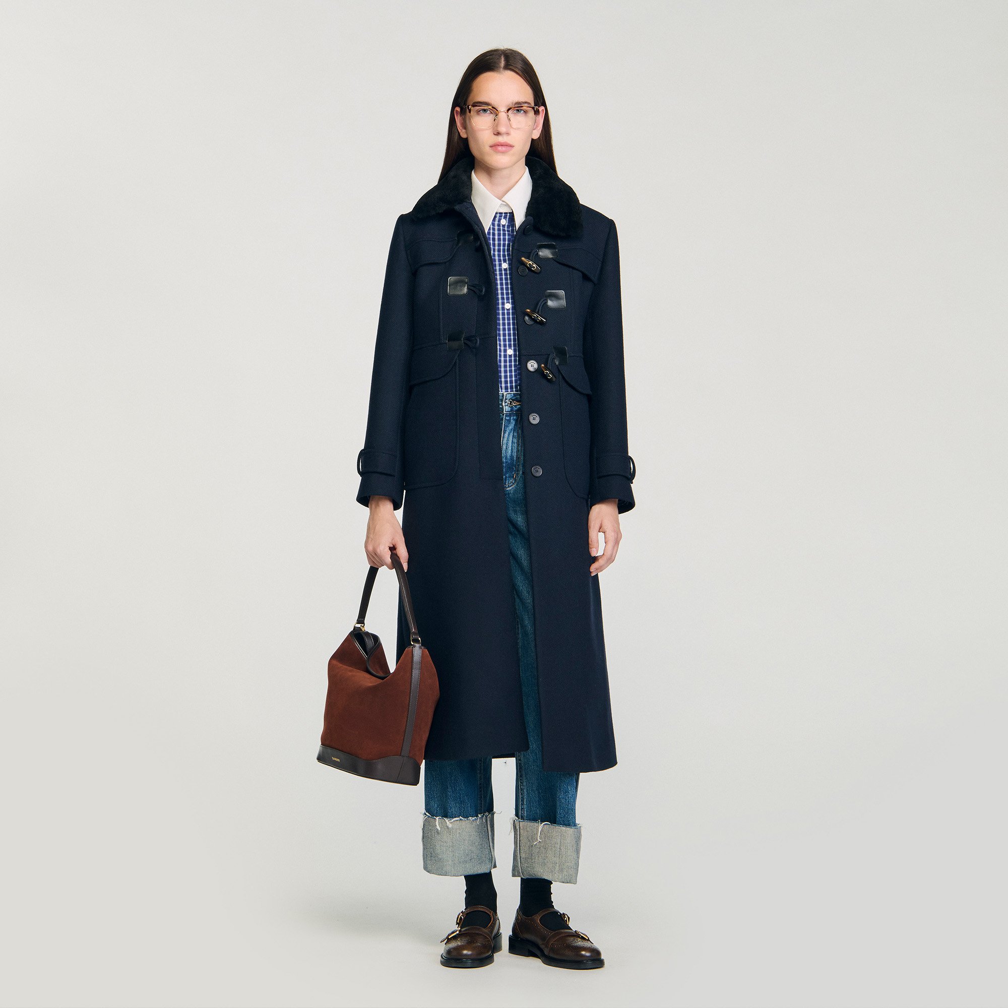 Coat with removable shearling collar
