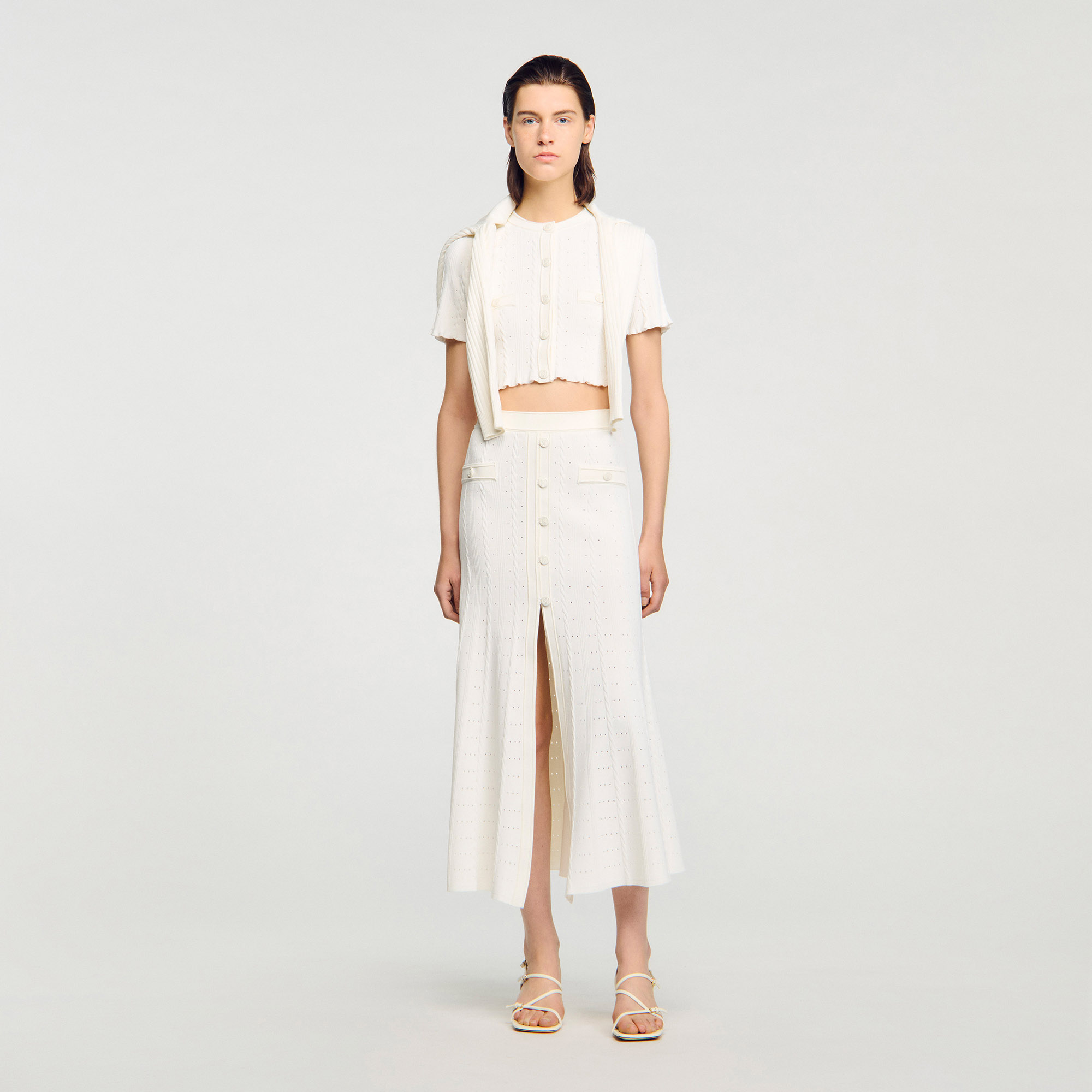 Pointelle knit midi skirt