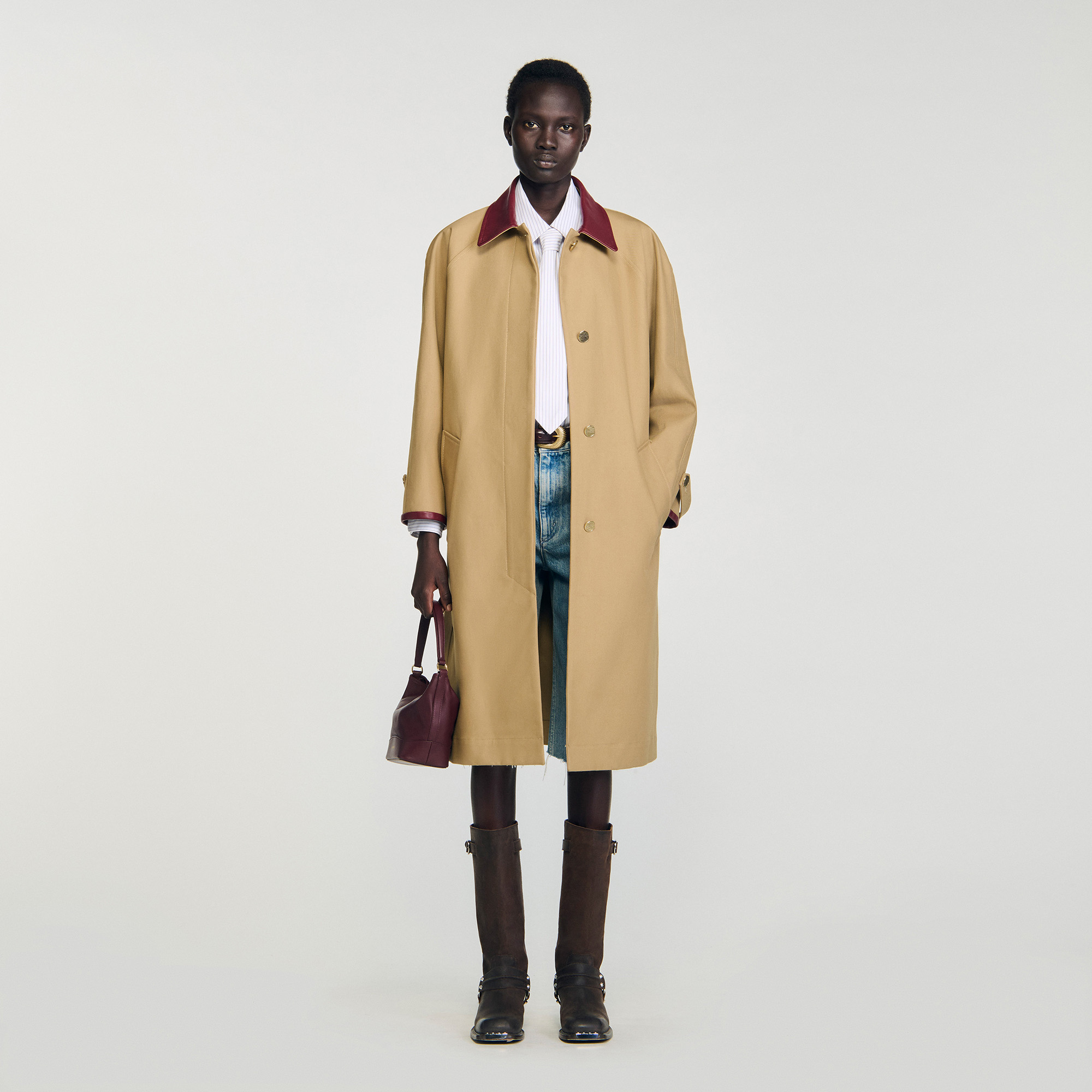 Trench coat with leather collar by Sandro