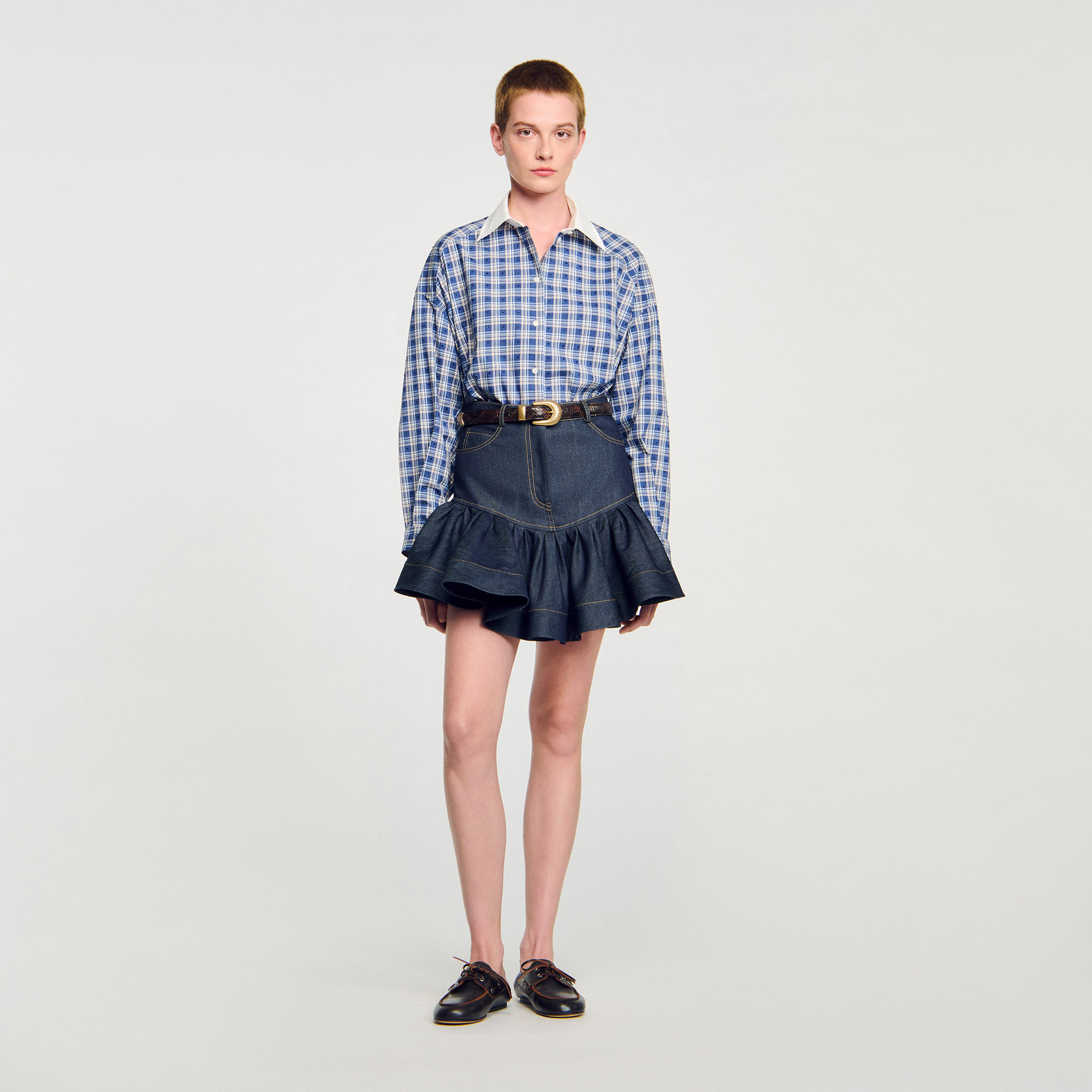 Mini denim ruffled skirt