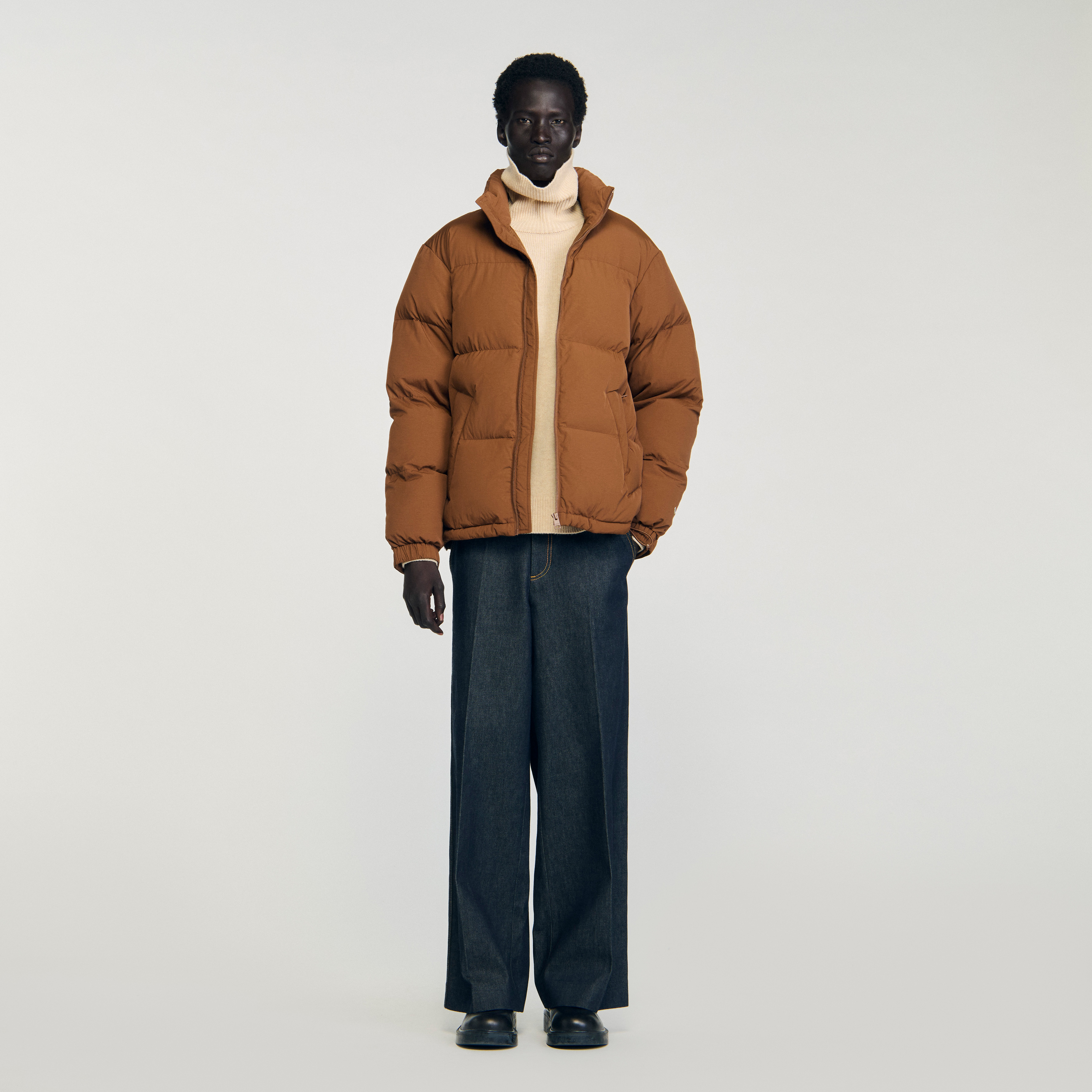 Hooded puffer with high collar