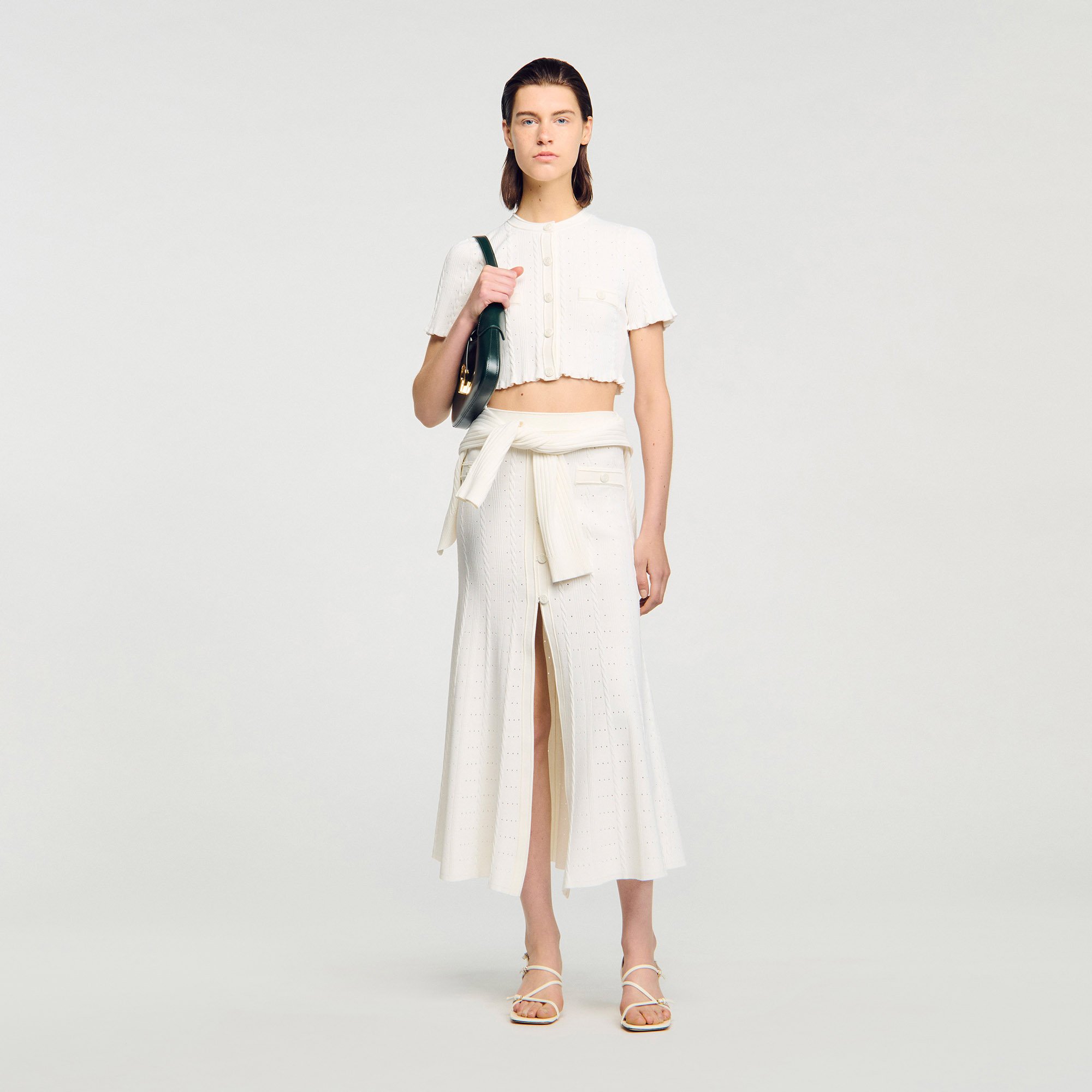 Cropped pointelle knit cardigan