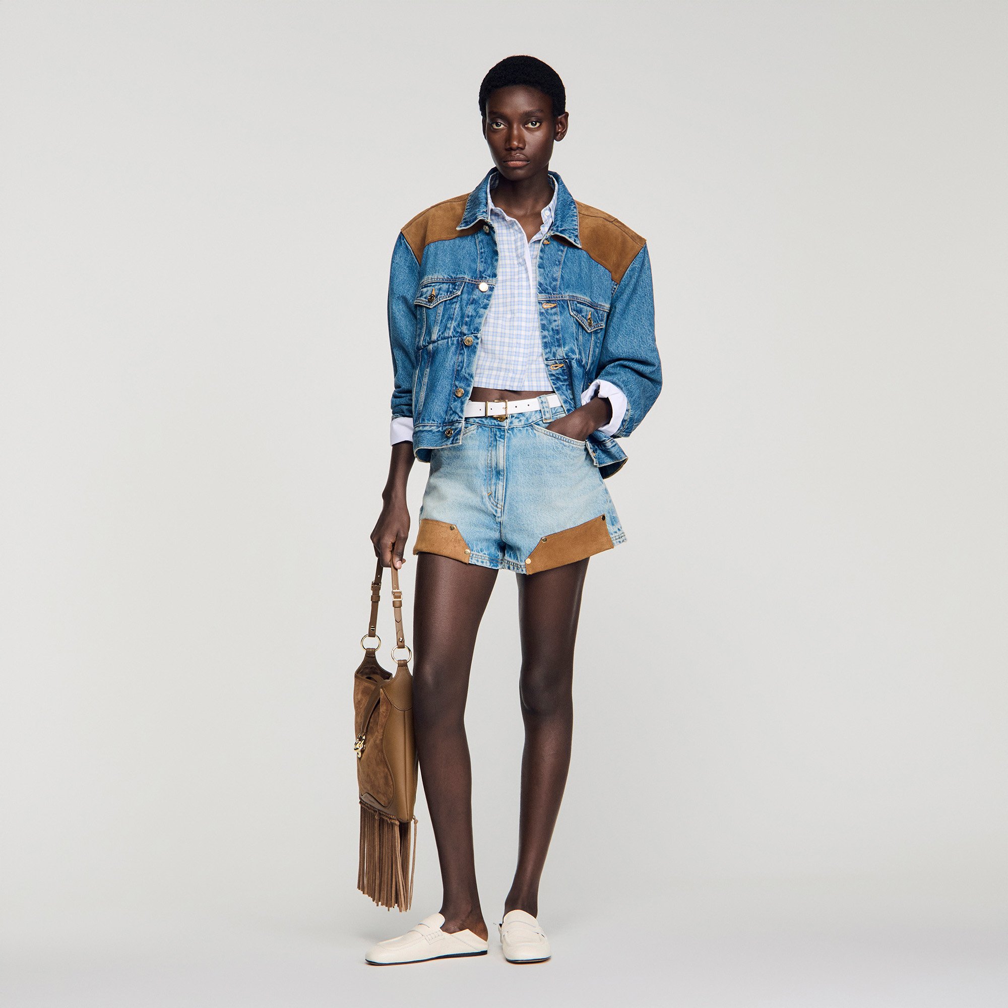 Riveted denim and suede shorts by Sandro